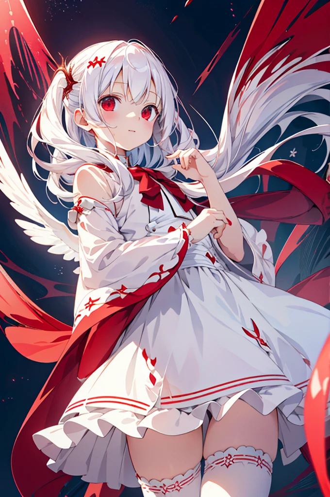 Beautiful illustrations, highest quality, Cute girl, (Conversion Sequence), Transformation Magical Girl, , White Magical Girl, Fractal Art, albino, Baby F pure white red mesh hair, Beautiful and detailed red eyes, Cinema Lighting, Cowboy Shot, View Viewer, From below, Happy