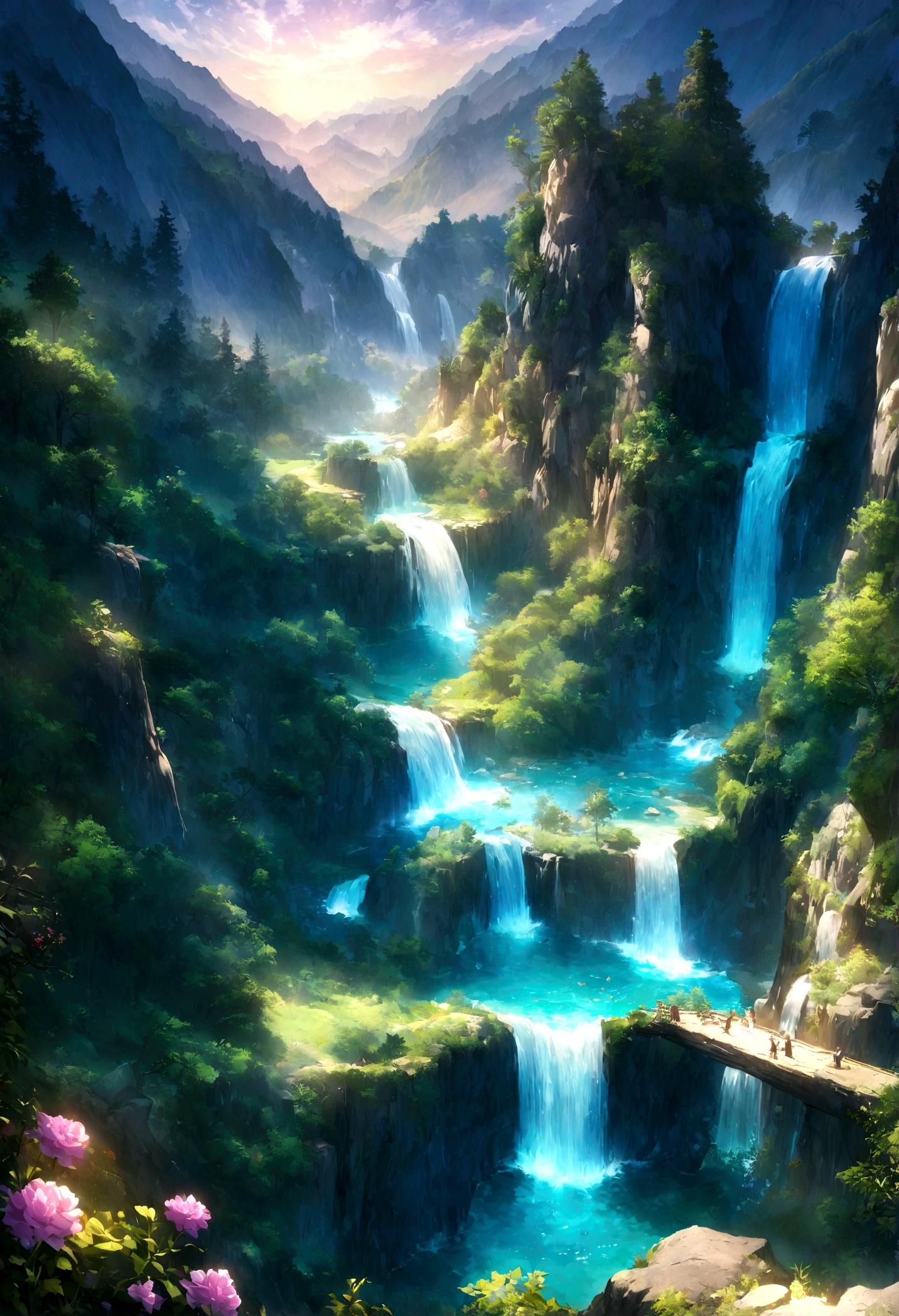 (extremely detailed CG unity 8k wallpaper), the most beautiful artwork in the world, Waterfall-like water flows in the mountains  