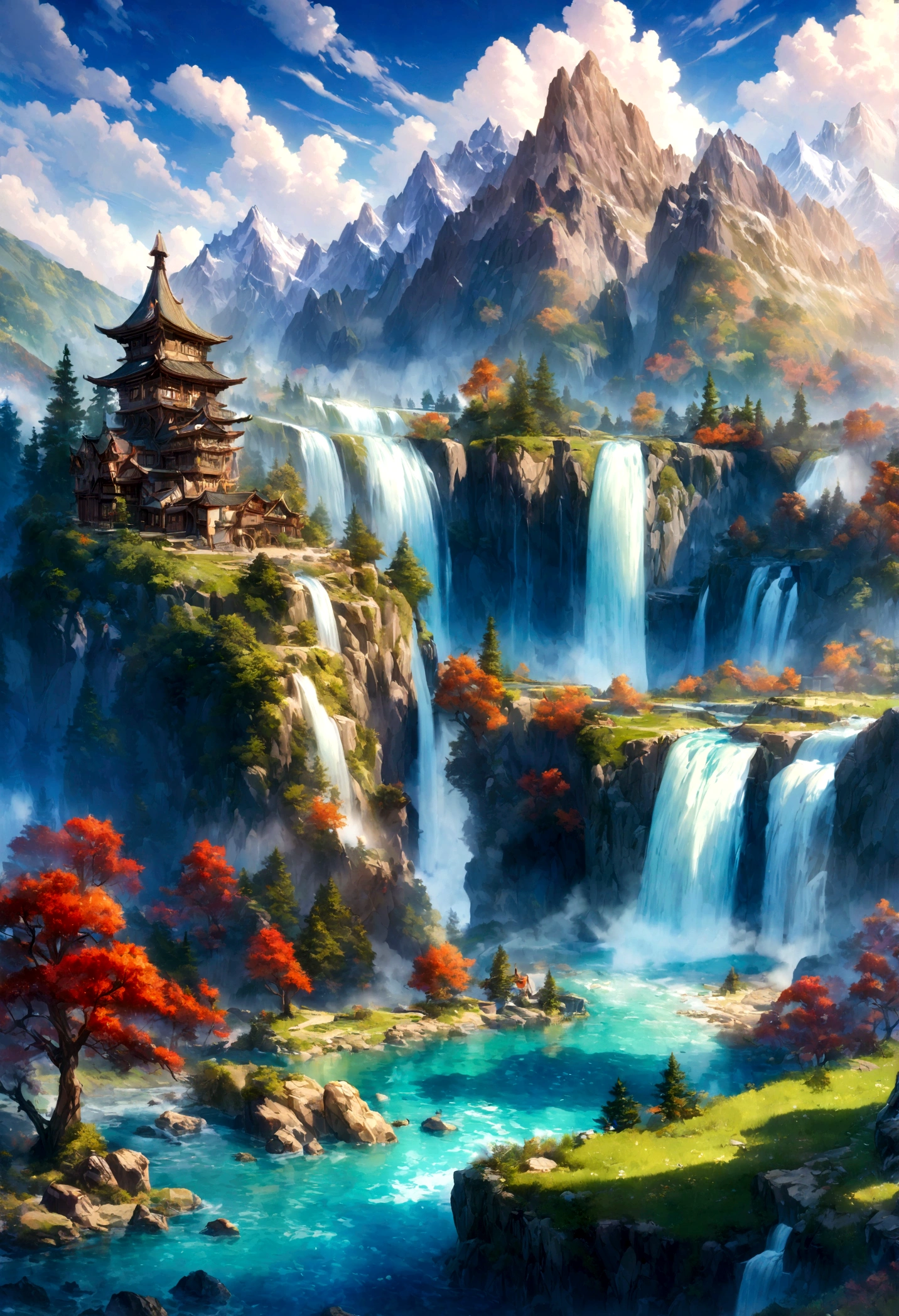(extremely detailed CG unity 8k wallpaper), the most beautiful artwork in the world, Waterfall-like water flows in the mountains