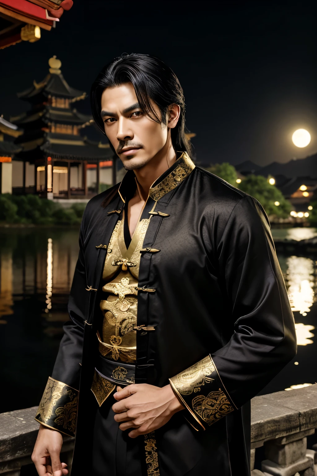 Masterpiece, best quality, outdoor, night, full moon, lakeside, branches, 1 man, mature man, Chinese style, ancient China, black hair, black eyes, forked hair, long hair, long bangs, handsome, handsome, masculine, gentle, tall, calm, black and gold mixed clothing, gold pattern, dragon pattern, prince,