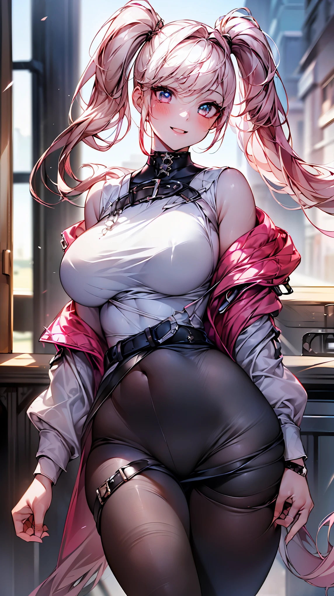 (masterpiece:1.2, highest quality), (Realistic, photoRealistic:1.4), Beautiful illustrations, (Natural Side Lighting, Cinema Lighting),Say OK to your audience, Upper Body, (Front view), 1 girl, Perfect Face, Symmetrical cute face, Shiny skin, , Long eyelashes, (huge Breasts), (Wide Hips:1.6),Beautiful Hair, Beautiful Face, Beautiful and beautiful eyes, Beautiful body, Beautiful breasts, beautiful Thighs, Beautiful legs, Beautiful fingers,(Beautiful views:1.2),(Cute Smile:1.2, Superior),Pink Hair, (Light clothing),(Very long twin tails:1.5,Straight hairs), (White mini dress), High neck, (sleeveless),(White Body Conscious:1.5), ((tights:1.5)),Jacket,(Punk Style:1.5),(Belted clothing:1.5),(Wrap a belt around your chest:1.5)
