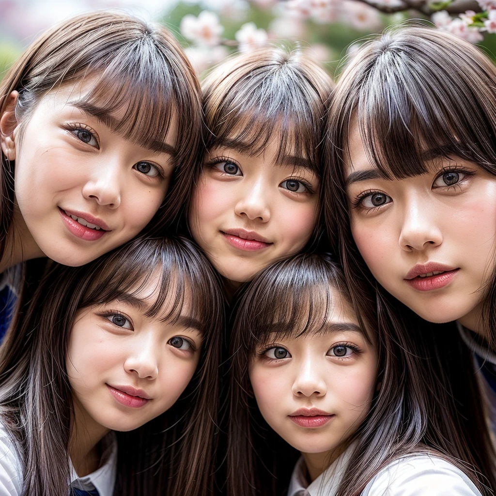 Best_Quality, HDR, masterpiece, Hi-Res, (Acutance:0.85), (realistic and photorealistic with touch of rawness:1.37), (group photo:1.6), ((3SchoolGirls Surrounding the camera in Upward composition)), Panoramic, (NOGIZAKA face variations:1.4), { Looking down at the camera | (Kissing face to face) }, (((close:1.2, Face closeup from below:1.4))), (((Sky background)) with CherryBlossoms) . BREAK  Extremely Detailed KAWAII face variations, captivating gaze, elaborate detailed Eyes with (sparkling highlights:1.32), long eyelashes、Glossy RED Lips with beautiful details, Coquettish tongue, Rosy cheeks, Glistening ivory skin . { (Dynamic joyful expressions) | (:d) | (Kissing) }, Childish, SchoolUniform, { Different types of hair colors | Bangs | Hime cut  | OKAPPA } 