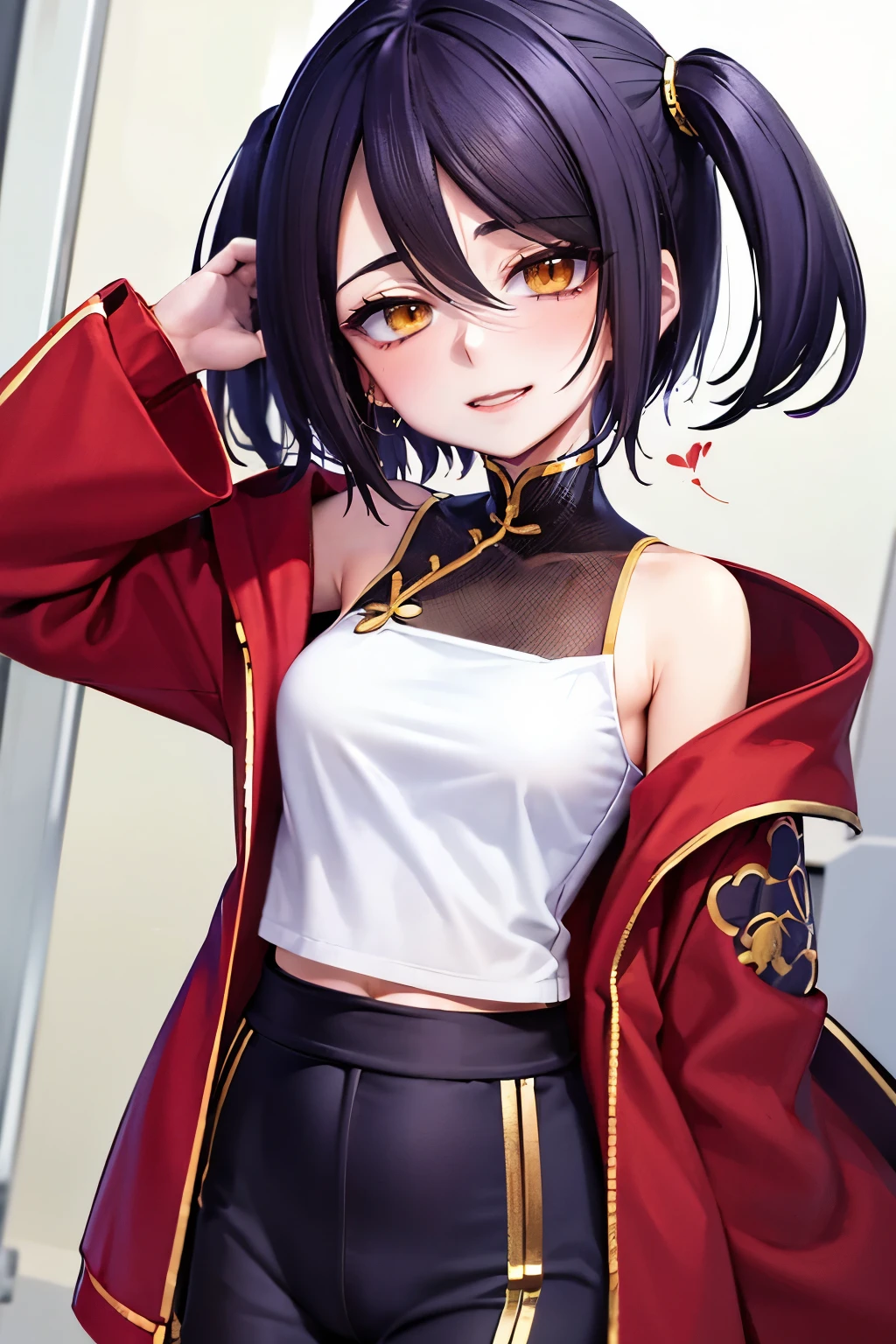 hui xiyi, rekkyo sensen, rekkyou sensen, off-shoulder sleeves, camisoles, frills, blue clothes, big breasts, khaki clothes, velour clothes, two side up, hoodies, masterpiece, high quality, best quality