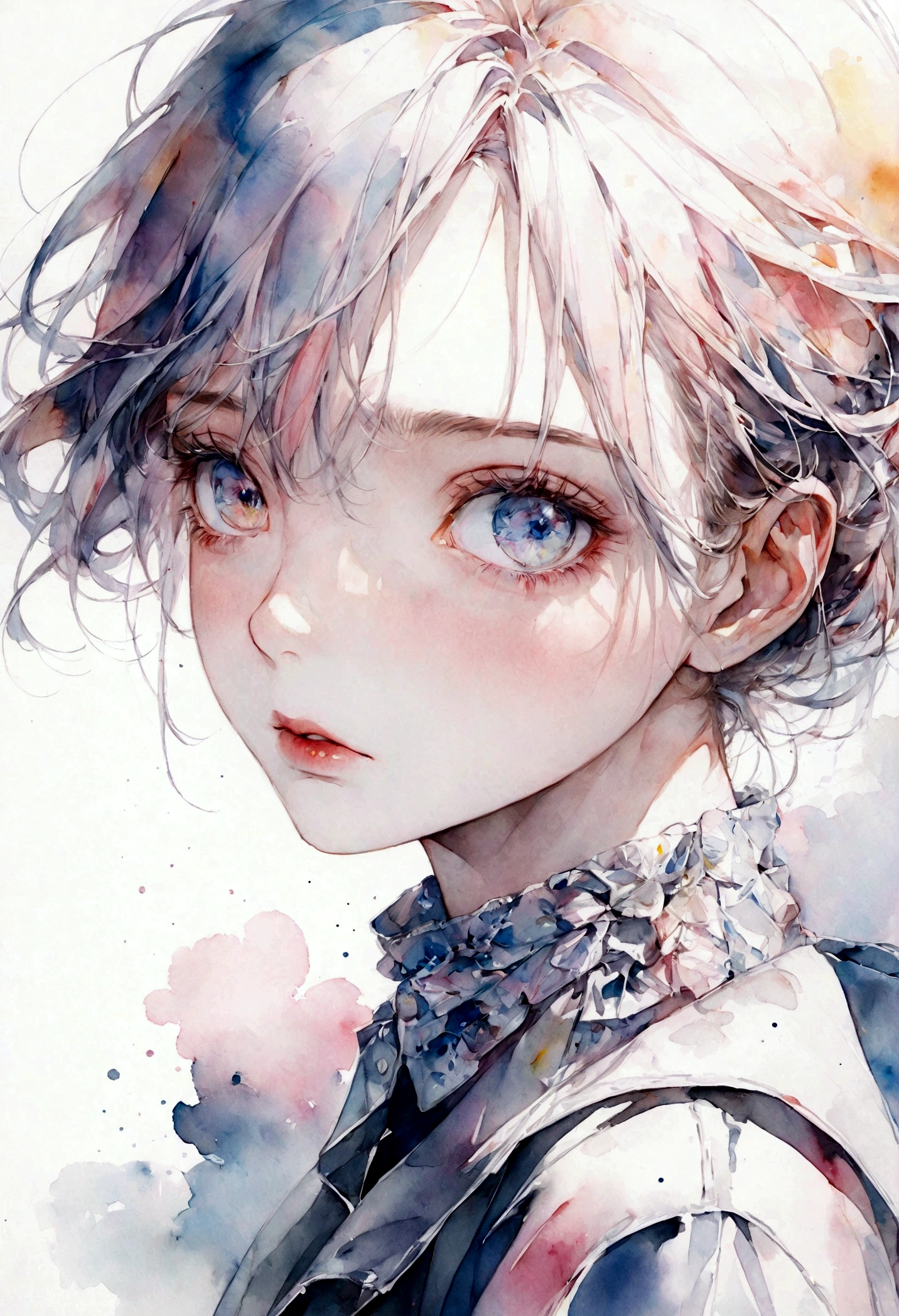 A Young Beautiful Woman in DIOR outfit, expressive eyes, pastel colors, ink painting, light glow, by Agnes Cecile