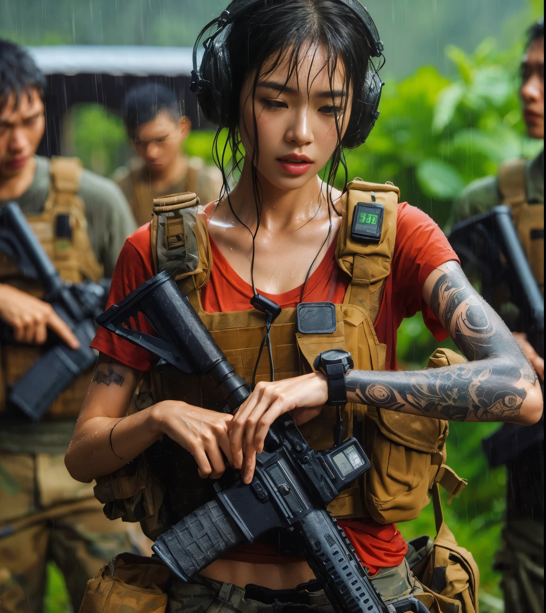 
8k,Realistic Photo、Realistic Skin Texture、Superrealism、Japanese women in the U.S. military、Searching for something in a mysterious abandoned factory、The concrete floor is cracked and wet.、Abandoned machinery is rusting and decaying.、Tattoo