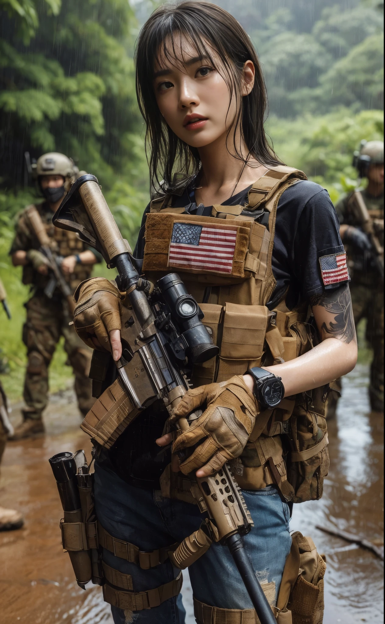 8k,Realistic Skin Texture、Superrealism、Realistic Photo、Japanese Women in the U.S. Army、Bulletproof vest、、Navigate the swamp as a team、Confused expression、backpack、cap、Heavy equipment、Dynamic action pose、、A groundbreaking composition、Sweaty