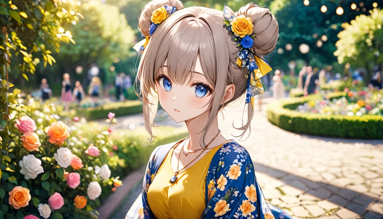 (8k, RAW Photos, 最high quality, masterpiece:1.2)Movies, Stills, Photogenic, Adult Women, beautiful, Black double bun hairstyle, blue eyes, wear yellow dress, dr3ss, wear ((Floral print)) dress, (pants), high quality, 最high quality, High resolution, 8k, Rim Light, Outdoor, Rose garden background, necklace . Shallow depth of field, Vignette, Very detailed, High budget, Bokeh, CinemaScope, Sulky, amazing, nice, Film Grain, granular