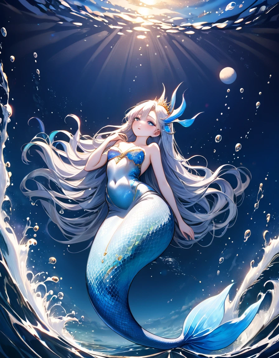 best quality, Ultra-fine, 16K, Ridiculous, Very detailed, delicate and dynamic, Beautiful mermaid princess lying on the sea, The big blue moon covered most of her body, Night Sky, Star, ripple, dizzying effect