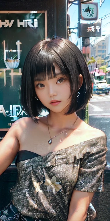 (((Shoulder-length black straight short bob)))、(((Her background is in downtown Hawaii...、Pose like a model in a cafe.)))、(((Casual summer street fashion)))、Face close-up、Half Japanese and half Korean、18-year-old girl、independent、I'm looking forward to、Light eye makeup、Black hair color、flat 、Hair blowing in the wind、Quality of actress、Shiny, Ultra-realistic face、smileの表情、Watery eye、look up、Pleasant lighting effects、 Ultra-Realistic Capture、Very detailed、High resolution 16K human skin closeup。Skin texture must be natural、Must be so detailed that pores are visible、skin is healthy、We need a unified tone、Use natural light and color、High quality photos taken by modeling agencies'Exclusive photographer、smile