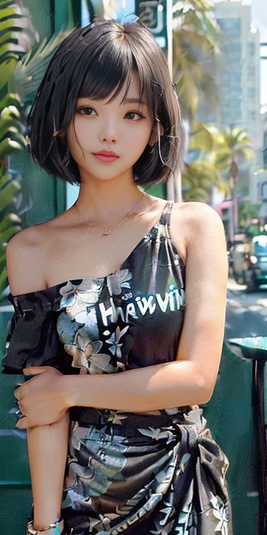 (((Shoulder-length black straight short bob)))、(((Her background is in downtown Hawaii...、Pose like a model in a cafe.)))、(((Casual summer street fashion)))、Face close-up、Half Japanese and half Korean、18-year-old girl、independent、I'm looking forward to、Light eye makeup、Black hair color、flat 、Hair blowing in the wind、Quality of actress、Shiny, Ultra-realistic face、smileの表情、Watery eye、look up、Pleasant lighting effects、 Ultra-Realistic Capture、Very detailed、High resolution 16K human skin closeup。Skin texture must be natural、Must be so detailed that pores are visible、skin is healthy、We need a unified tone、Use natural light and color、High quality photos taken by modeling agencies'Exclusive photographer、smile