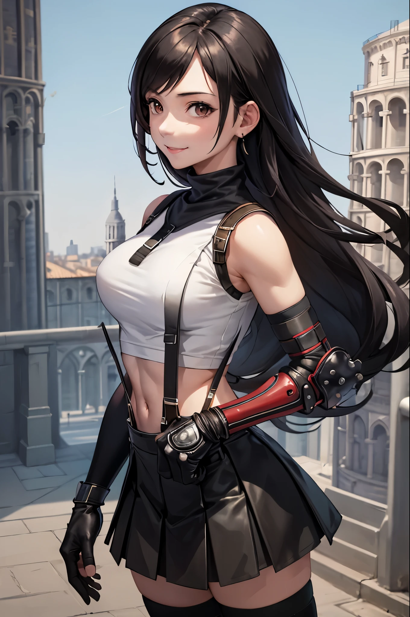 masterpiece, best quality, 7rtifa, crop top, arm guards, fingerless gloves, suspenders, pleated miniskirt, black thighhighs, upper body, standing, (leaning tower of pisa) in background, looking at viewer, smile