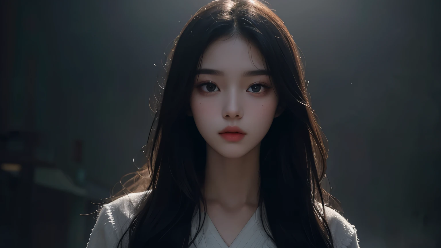 One beautiful woman。Twenty years old。Detailed drawing of faces。Beautiful double eyelids。Straight nose。Well-shaped lips。She has a serious look on her face.。She is standing alone in a dark city shrouded in thick fog.。Masterpiece。