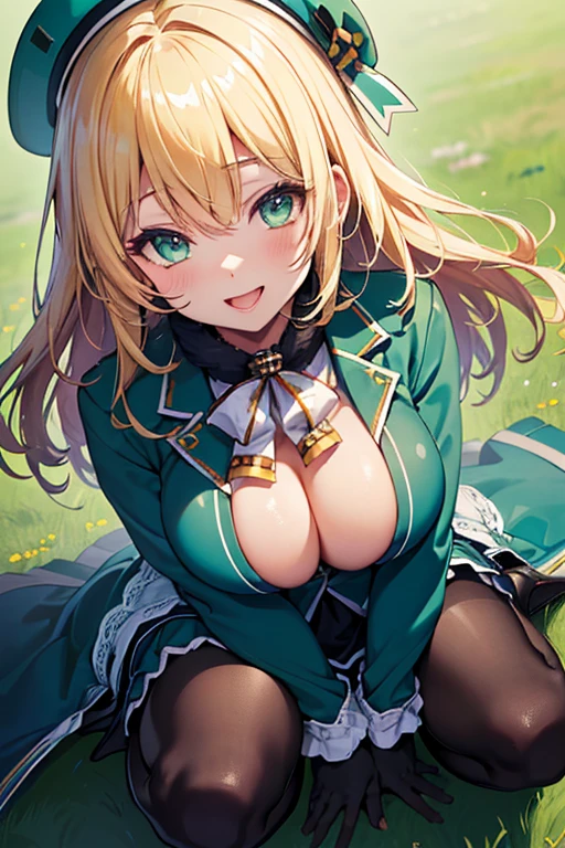 smile, Open your mouth, ((highest quality)), ((masterpiece)),(detailed),High resolution,Sharp focus,Perfect Face,{best illustration},
(非常にdetailed CG unity 8k wallpaper),(((Vibrant colors))),Official Art,
shiny 肌,very shiny 肌,Shiny body,plastic glitter 肌,exaggerated shiny 肌,illuminated skin,
green色の瞳, Blonde,nice hands,Perfect hands,1girl,Atago,
blue軍服,beret,(black)gloves,(black)pantyhose,(green)High heels,(blue)skirt,(black)innerskirt, ((close up head)), (from above), squatting, spread legs, open legs,