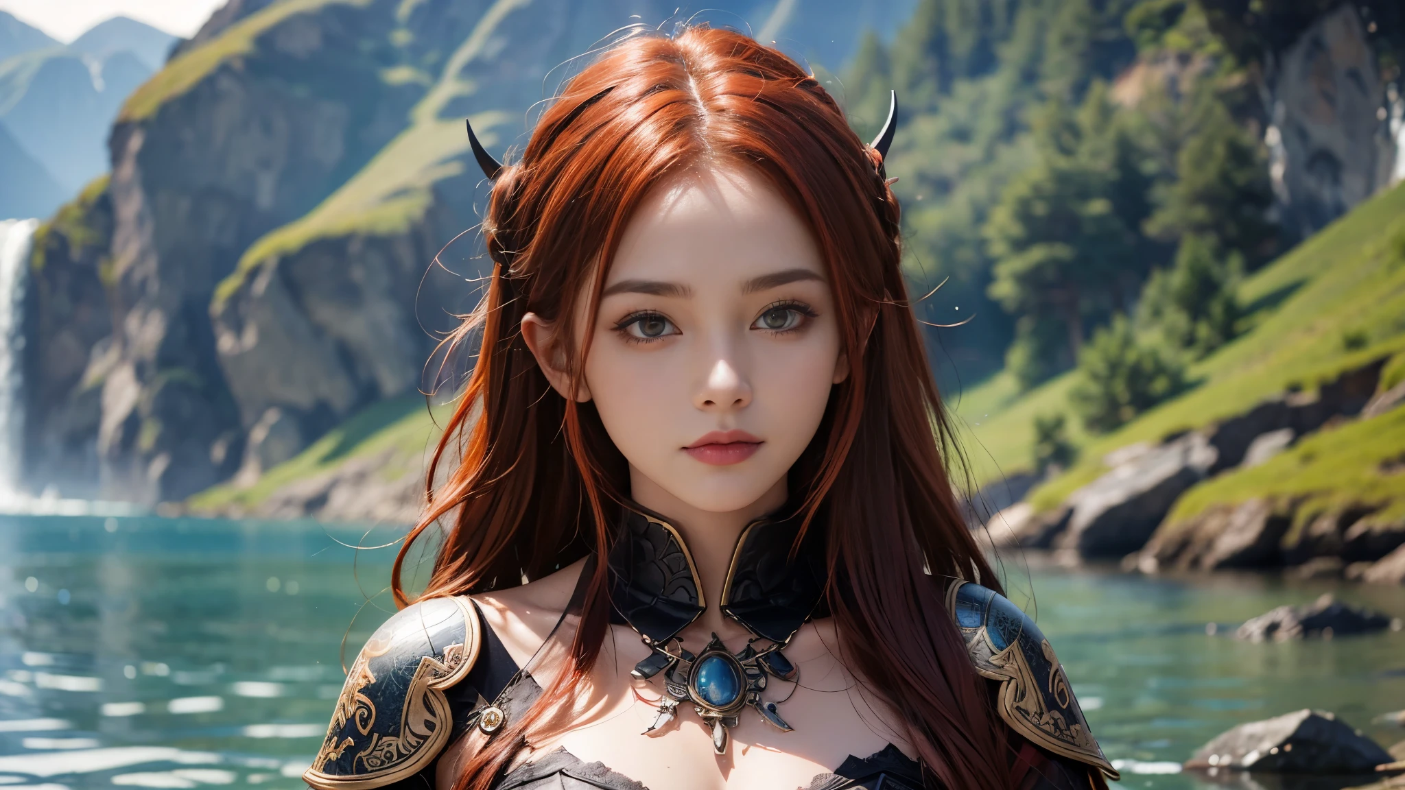 Young woman, Viking, red hair, Scandinavian tattoos, tattoo all over the body, with a blunt expression, in Scandinavian armor, near a lake in the forest, girl detailed, Young woman красивая, beautiful figure 