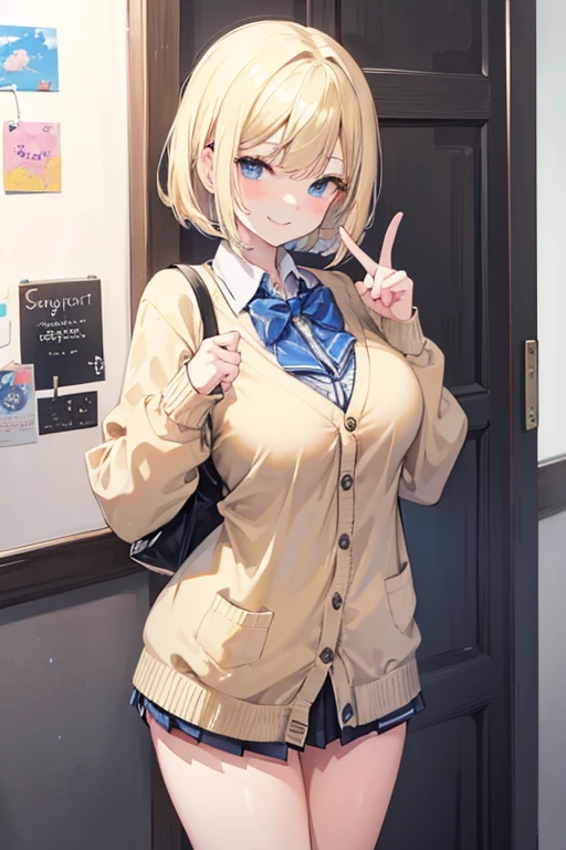 masterpiece blonde Bob high school girl small Big Breasts Crazy smile cardigan Put your index finger to your mouth whole body Gal Detective thin