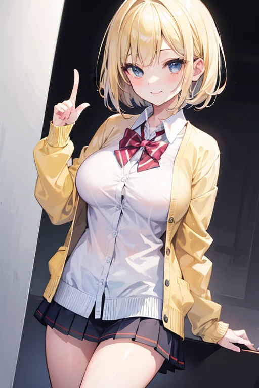 masterpiece　blonde　Bob　high school girl　small　Big Breasts　Crazy smile　cardigan　Put your index finger to your mouth　whole body　Gal Detective　thin