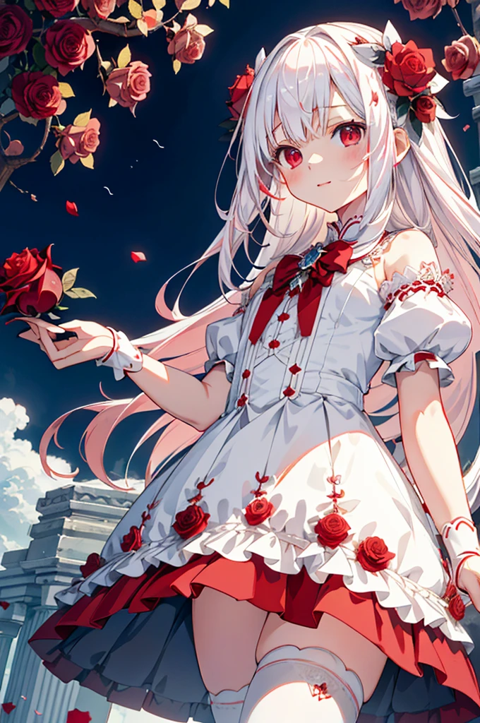 Beautiful illustrations, Frontal composition facing the viewer、highest quality, Cute girl, (Conversion Sequence), Transformation Magical Girl, Little, White Magical Girl, Fractal Art, albino, Baby Face, Long pure white red mesh hair, Beautiful and detailed red eyes, Cinema Lighting, Cowboy Shot, View Viewer, From below, Happy,Rose、Rose、Rose、Rose、