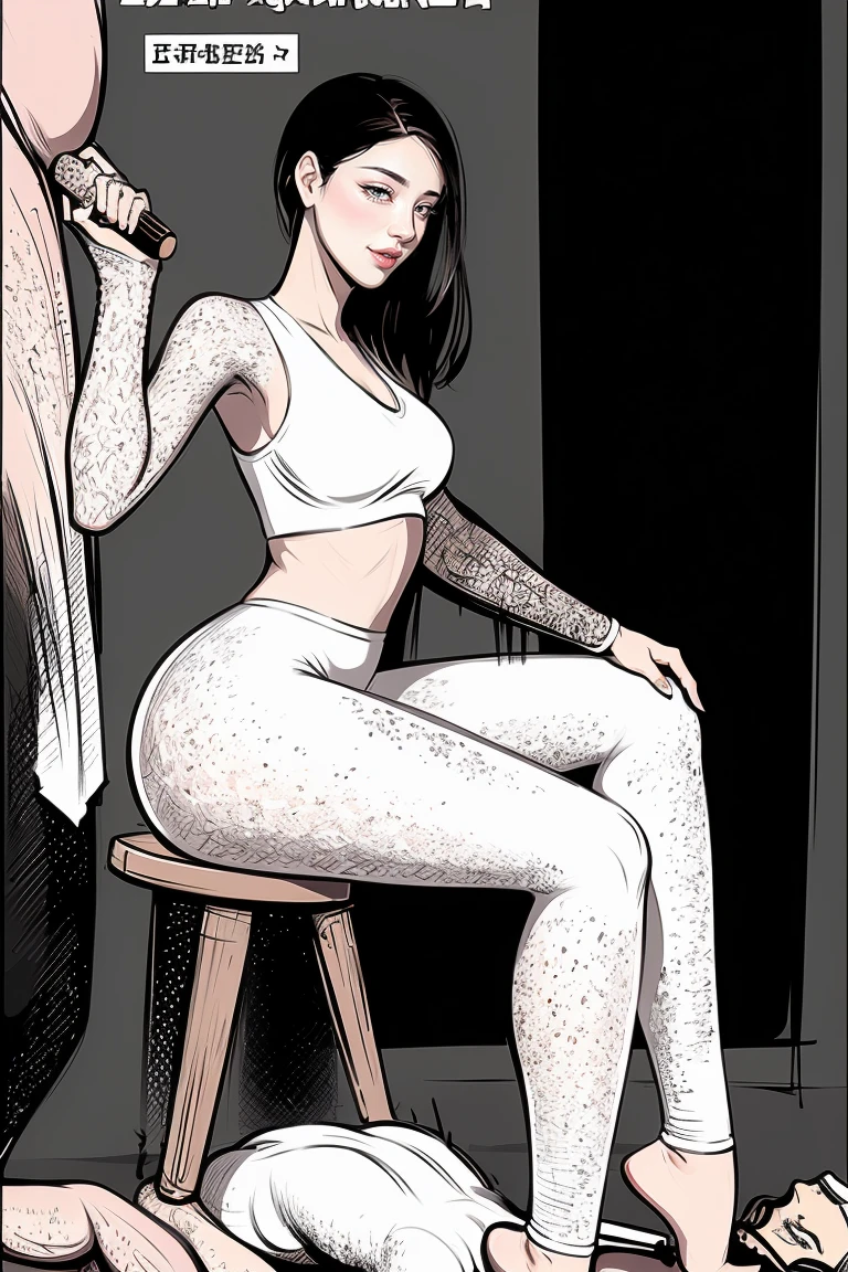 The beautiful girl in lace top and leggings is sitting astride a pile of skeletons in the center of the picture. She is holding a trembling sausage with juice squeezed out in her hand and smiling. There are multiple comic storyboards in the background，cbt, sausage bondage,sausage insertion,Sexy, trampling sausage with high heels heel,(masterpiece, best quality:1.2)，1 beautiful girl,sexy，comic storyboard:2, leggings, sit astride, axially symmetrical:2, ,femdom，sounding，cbt，hold，smile，colorful，leggings，thin gap，cameltoe，insertion，trembling，juice，spray， Long hair,Lace top,Sexy, Shiny leggings, High heel，cleveage, trampling, in forest, saliva , Mucus，
