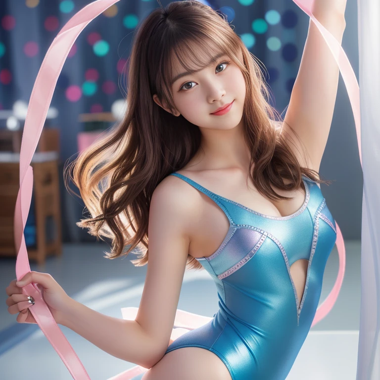 Photo-realistic quality、A 20-year-old female idol wearing a light gray-blue leotard,  Real young gravure idol, A young and cute gravure idol、She is performing a rhythmic gymnastics ribbon routine.、White ribbon looking at camera、A soft and gentle look