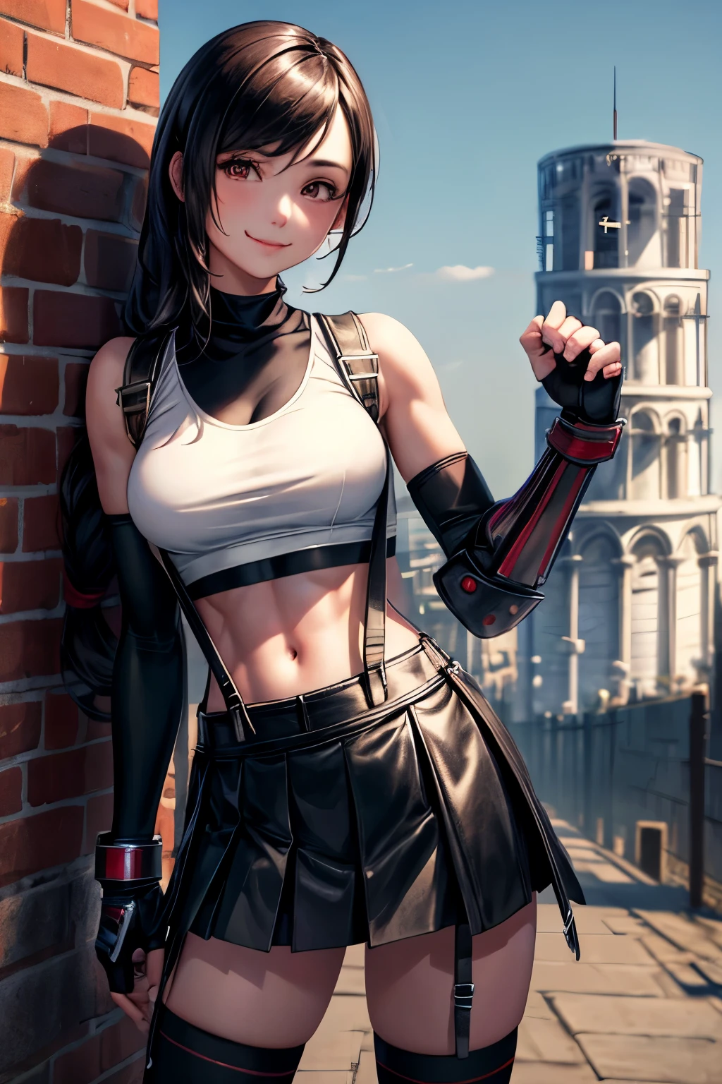 masterpiece, best quality, 7rtifa, crop top, arm guards, fingerless gloves, suspenders, pleated miniskirt, black thighhighs, upper body, standing, (leaning tower of pisa) in background, looking at viewer, smile