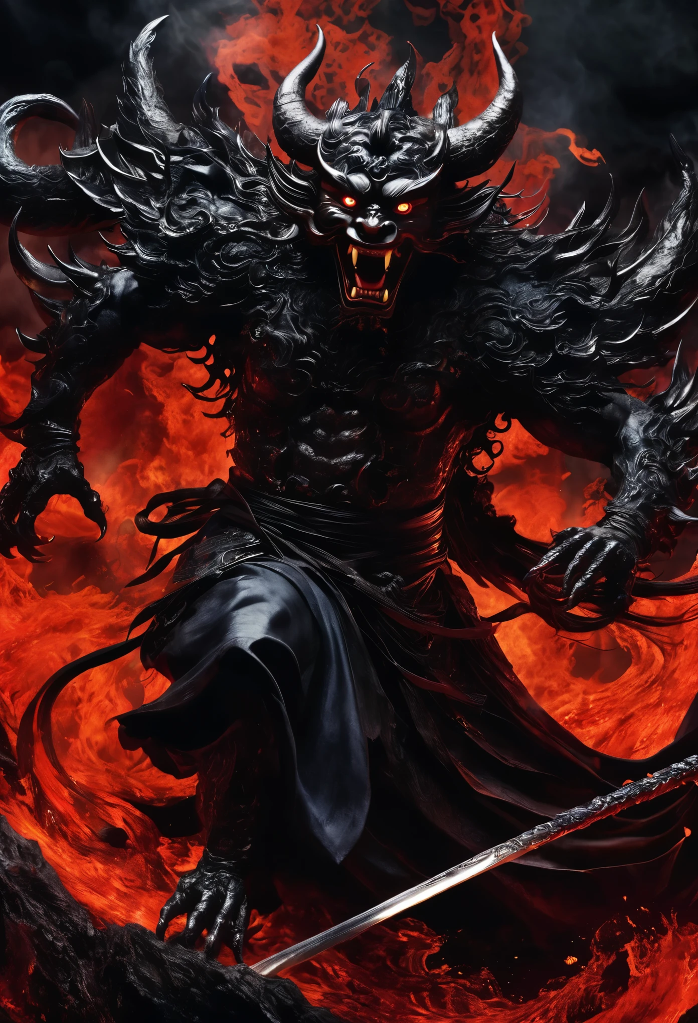 hell demon, Black-scaled youkai, Hell scenes in Chinese legends, Extremely terrifying, Zhang Yimou&#39;s style, The image is bright, Extremely detailed line drawing CG artwork, See the Devil Clearly, Devilish faces, Delicate face, There are open and clenched fist states, Light and shadow effects, Beautiful and dynamic pose, Detailed rendering, Colorful scene, full of depth, Vibrant lighting effects, Outlines a magnificent and mysterious atmosphere