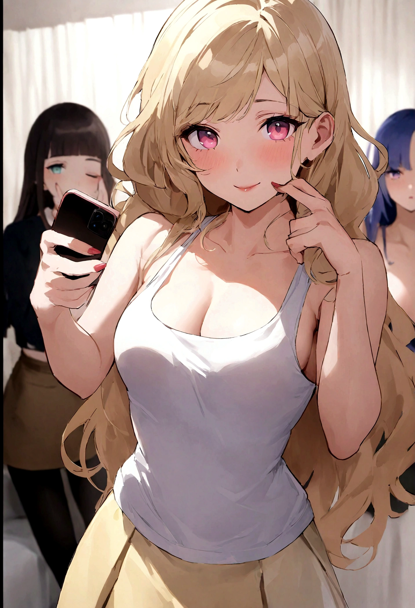 blond woman posing in disco with matching tank top and skirt, fille sexy aux yeux bleus, Portrait de Sophie Mudd, blurred background, Best quality, 1fille, Portrait de Corinna Kopf, cheveux blonds et grands yeux, selfie d'une jeune femme, Maquillage Orn, maquillage naturel, Regardez directement dans la caméra, visage avec artgram, Decent makeup, Superbe photo de tout le corps, Etre dans la chambre, Grosse poitrine, blond, latine