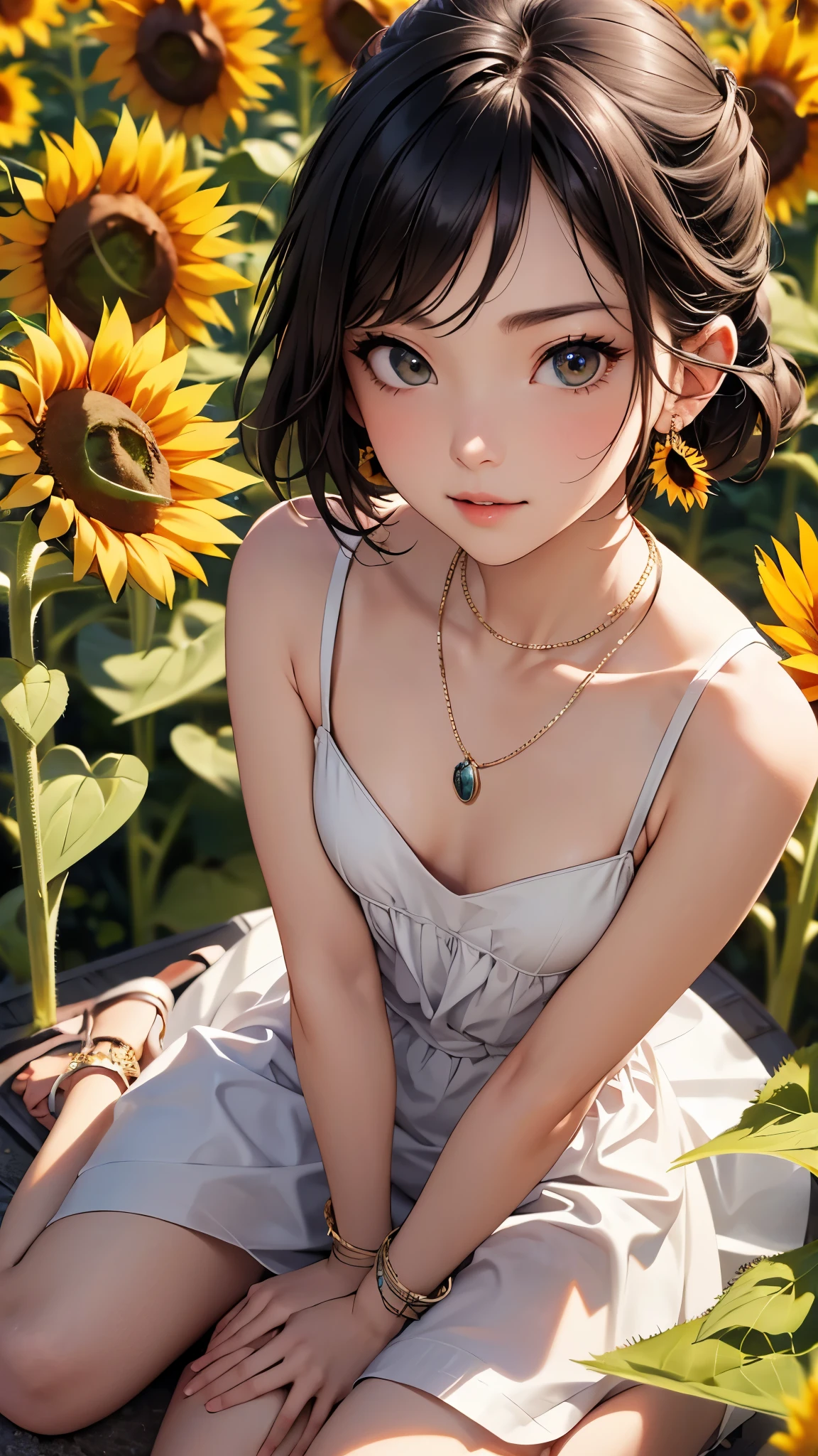 ((Biologically correct limb count))、((Full Body Shot, Full-body photo including face、Head to toe photos))、4K、masterpiece、((Focus on the face))、((Symmetrical facial features))、Eyes of meticulous depiction、One beautiful woman、Excellent style、(stockings、High heels with anklets)、Detailed depiction of the face、Small earrings、necklace、((Close-up photo of the upper body))、(Low - Angle)(((The background is a sunflower bed in full bloom)))