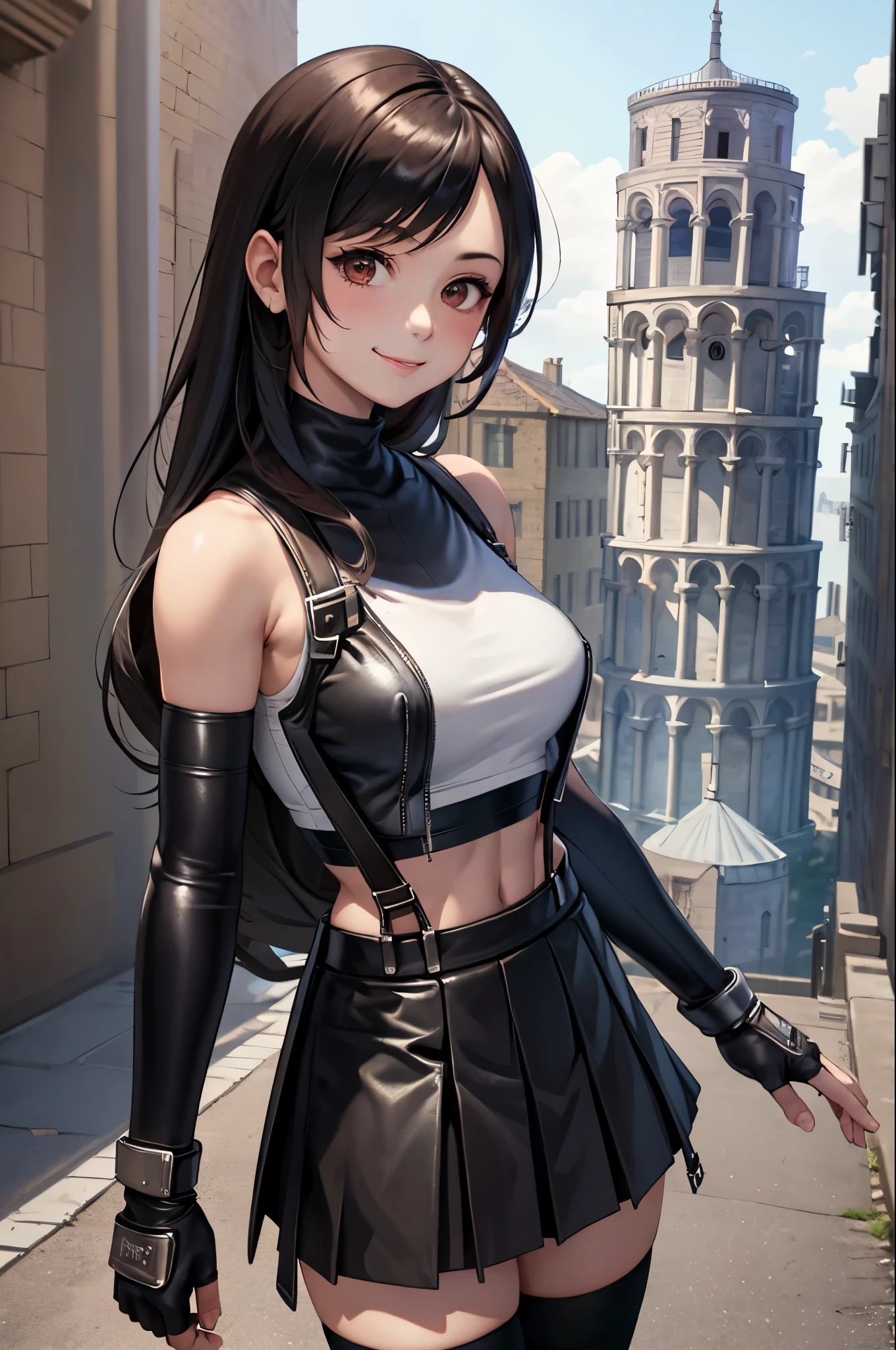 masterpiece, best quality, 7rtifa, crop top, arm guards, fingerless gloves, suspenders, pleated miniskirt, black thighhighs, upper body, cute pose, (leaning tower of pisa) in background, looking at viewer, smile