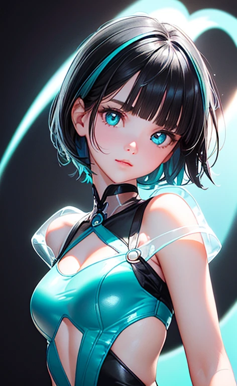 (Photorealistic:1.4)、(,20-year-old:1.5),(masterpiece、Blue lens flare:1.5、spot light:1.2、Exquisite beautiful eye:1.5,portlate),(kind eyes、tareme:1.9),()、Cute Face、 3D Face、(black hair:1.5)、(short hair:1.5),(sidelock :1.5),(blunt bangs:1.3),(1 woman)、(aqua eyes:1.2)、(upper body:1.5)、(clear face:1.5)、(gradient eyes:1.2),(head tilt) ,(Cute face:1.2),(medium breasts),(),kind face,(pink Bodysuit with open chest1.5),(black background:1.5)、()、()、 Neat and clean、Adorable、Demure,Slim Body(),Shiny Hair、()、