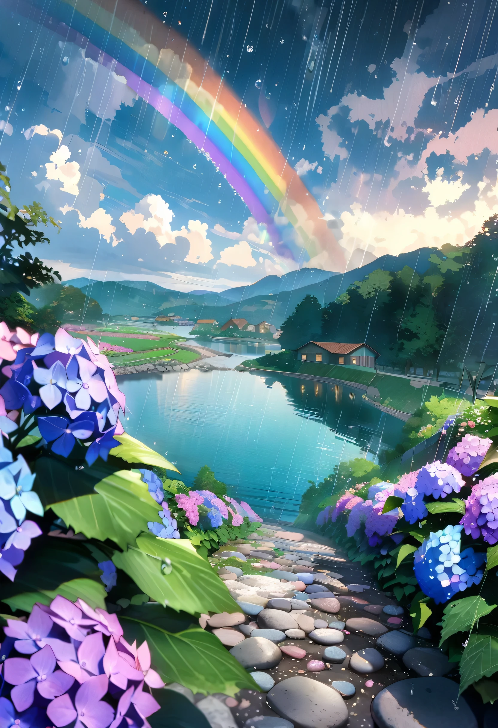 Hydrangea, garden, lake, Small hill, Pebble Road,anime, masterpiece, Rain,Cloudy,highest quality, Anatomically correct, Attention to detail, 8k, wallpaper,Water droplets sparkle,after the rain,Rainbow in the sky
