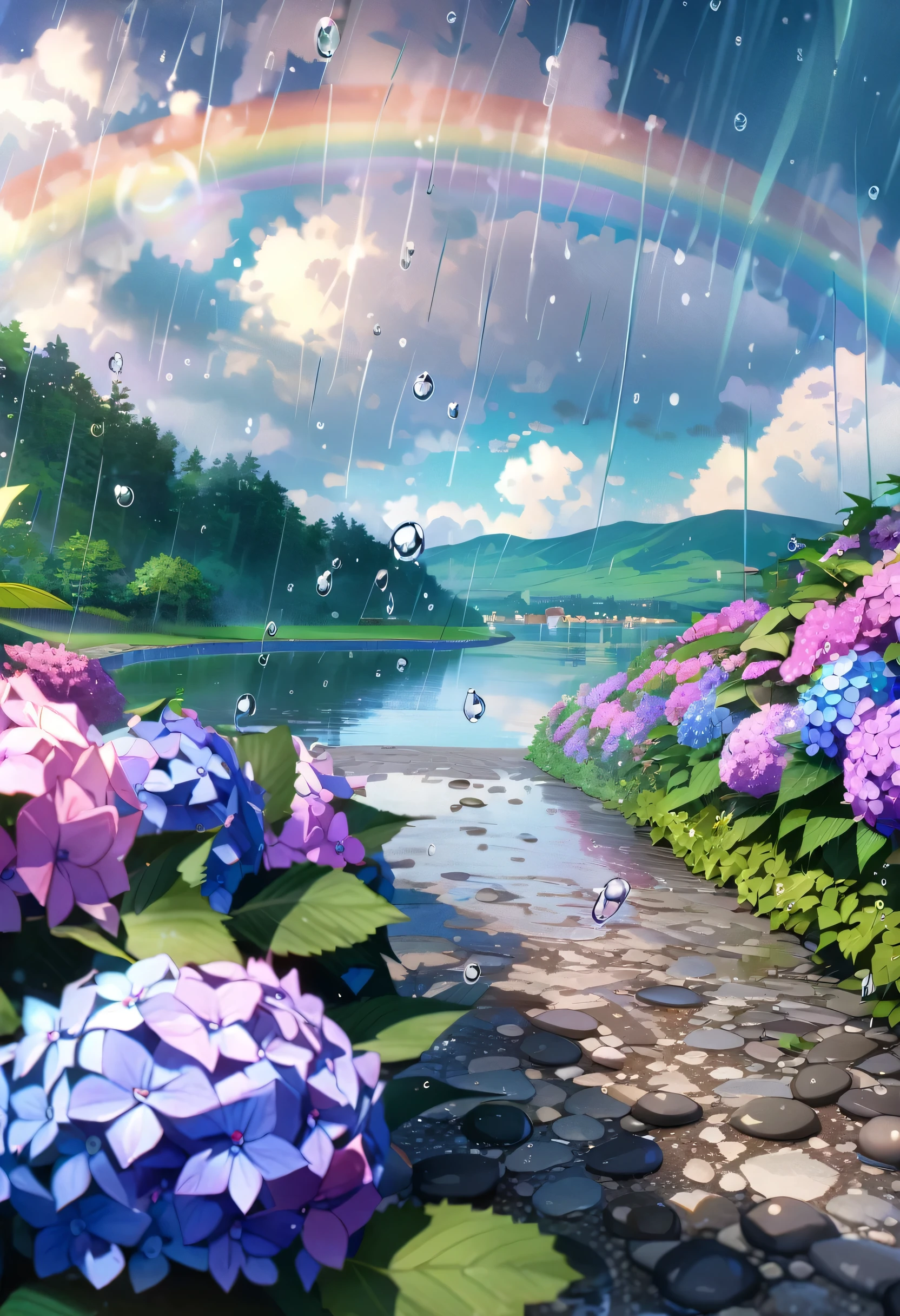 Hydrangea, garden, lake, Small hill, Pebble Road,anime, masterpiece, Rain,Cloudy,highest quality, Anatomically correct, Attention to detail, 8k, wallpaper,Water droplets sparkle,after the rain,Rainbow in the sky