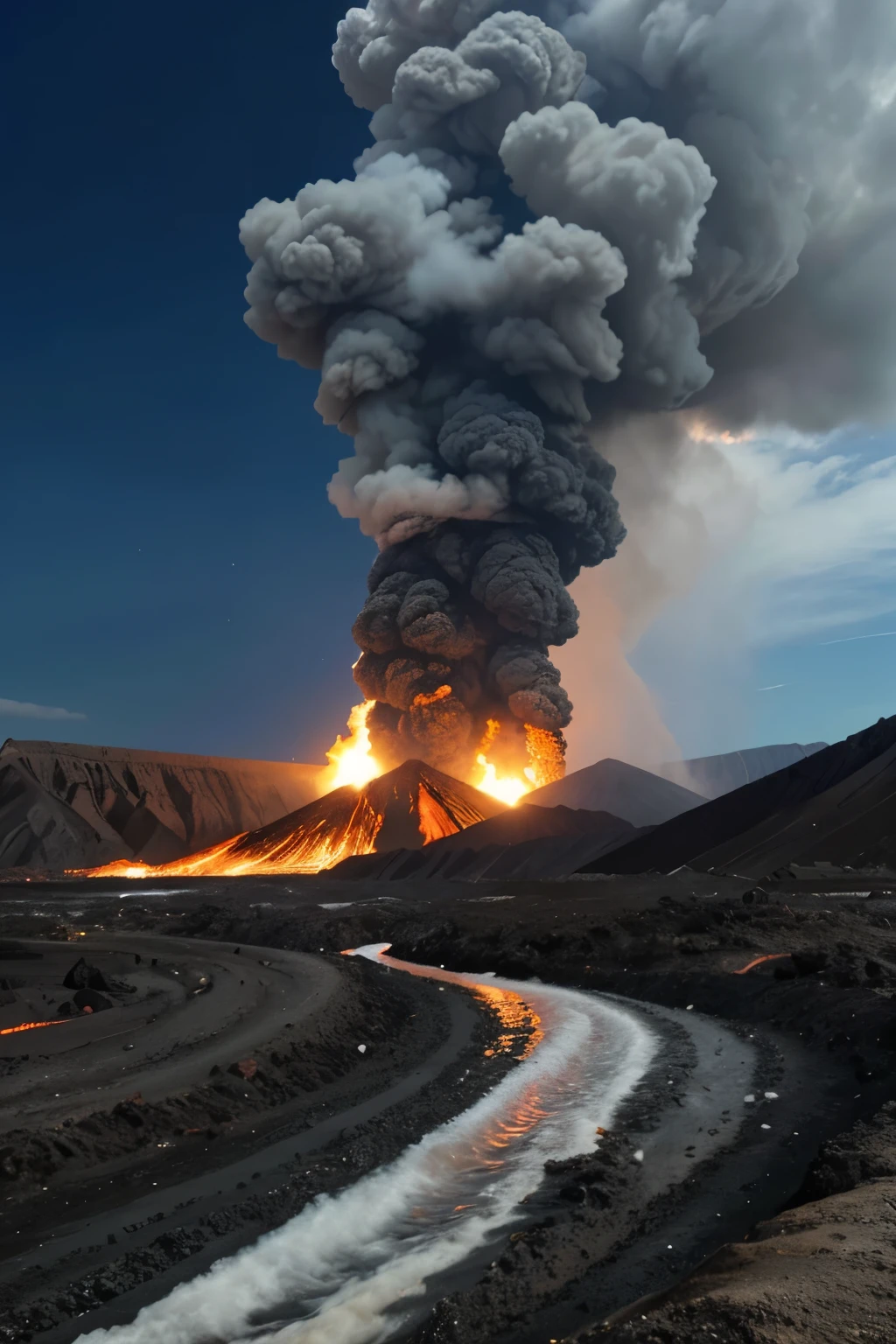 The scene takes place in the urban area of Reykjavik，The lava spread to Reykjavik，At this time, the city is occupied by ice, snow and magma，Emphasize the city covered in snow，A lot of molten lava