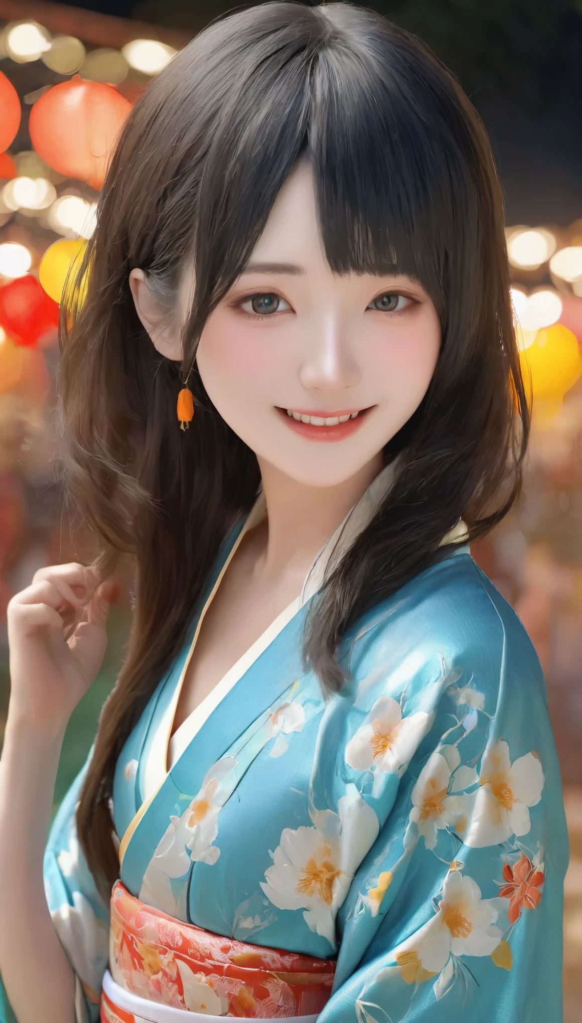 (kimono),(highest quality,masterpiece:1.3,Ultra-high resolution,),(Very detailed,Caustics),(Realistic:1.4,RAW shooting,)Ultra-Realistic Capture,Very detailed,High resolution 16K suitable for human skin,Translucent white skin,Use natural light and color,1 female,Japanese,,beautiful, 18-year-old, smile, Black Hair, Medium Hair,(Depth of written border, chromatic aberration,, Wide range of lighting, Natural Shading,),(Hair swaying in the wind: 1.1),(Outdoor lighting at night: 1.3),(Summer festival fair background: 1.2), front