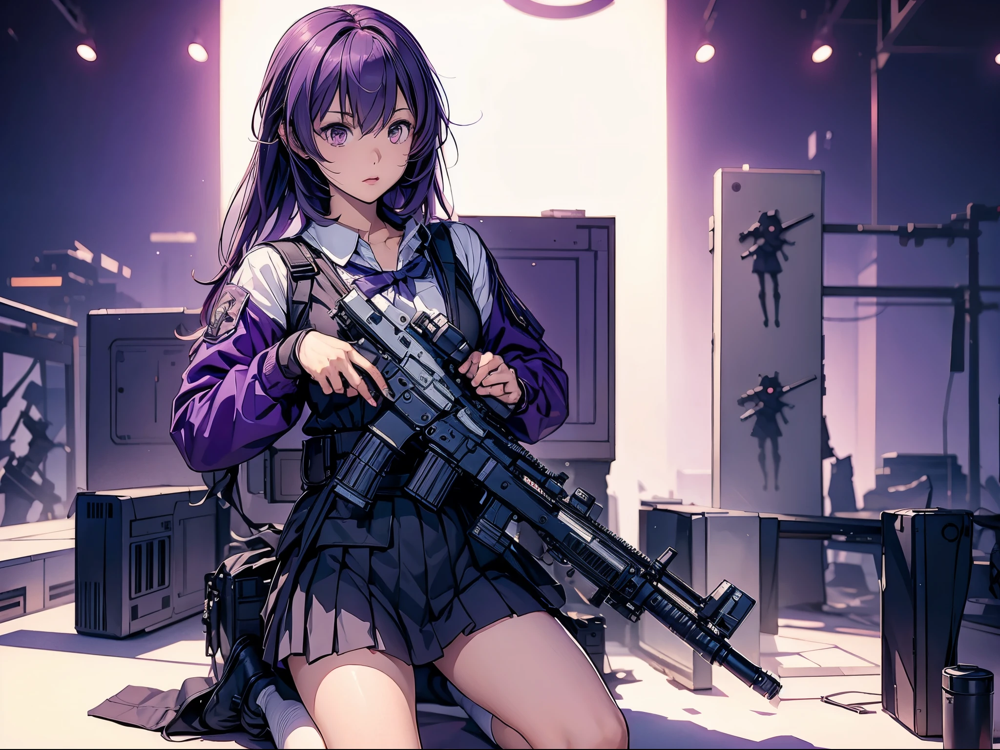 1girl, solo, short hair, skirt, shirt, gloves, white background, bow, holding, , purple eyes, white shirt, weapon, purple hair, pleated skirt, shoes, black gloves, socks, bowtie, holding weapon, gun, sneakers, holding gun, armband, rifle, grey skirt, headset, assault rifle, grey gloves, load bearing vest