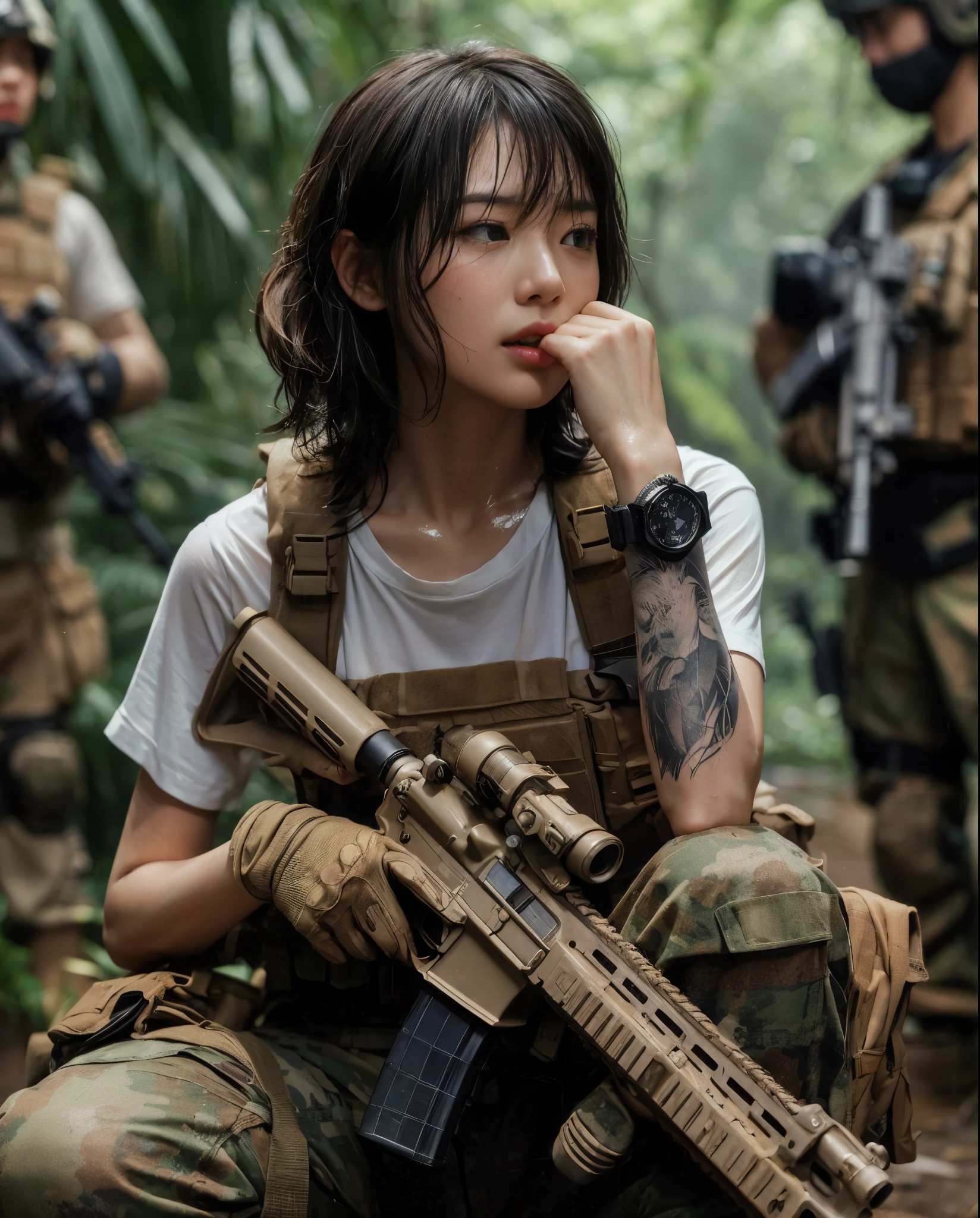 8k,Realistic Photo、Realistic Skin Texture、Superrealism、Japanese women in the US Special Forces、jungle、rifle、Meeting with teammates to confirm strategy、Vigilance、after the rain、Bulletproof vest、Watch on left arm、Ｔshirt、Military Pants、jungleブーツ、Tattoo、humidity、Sweat running down my face、gesture、discussion、Dynamic pose、