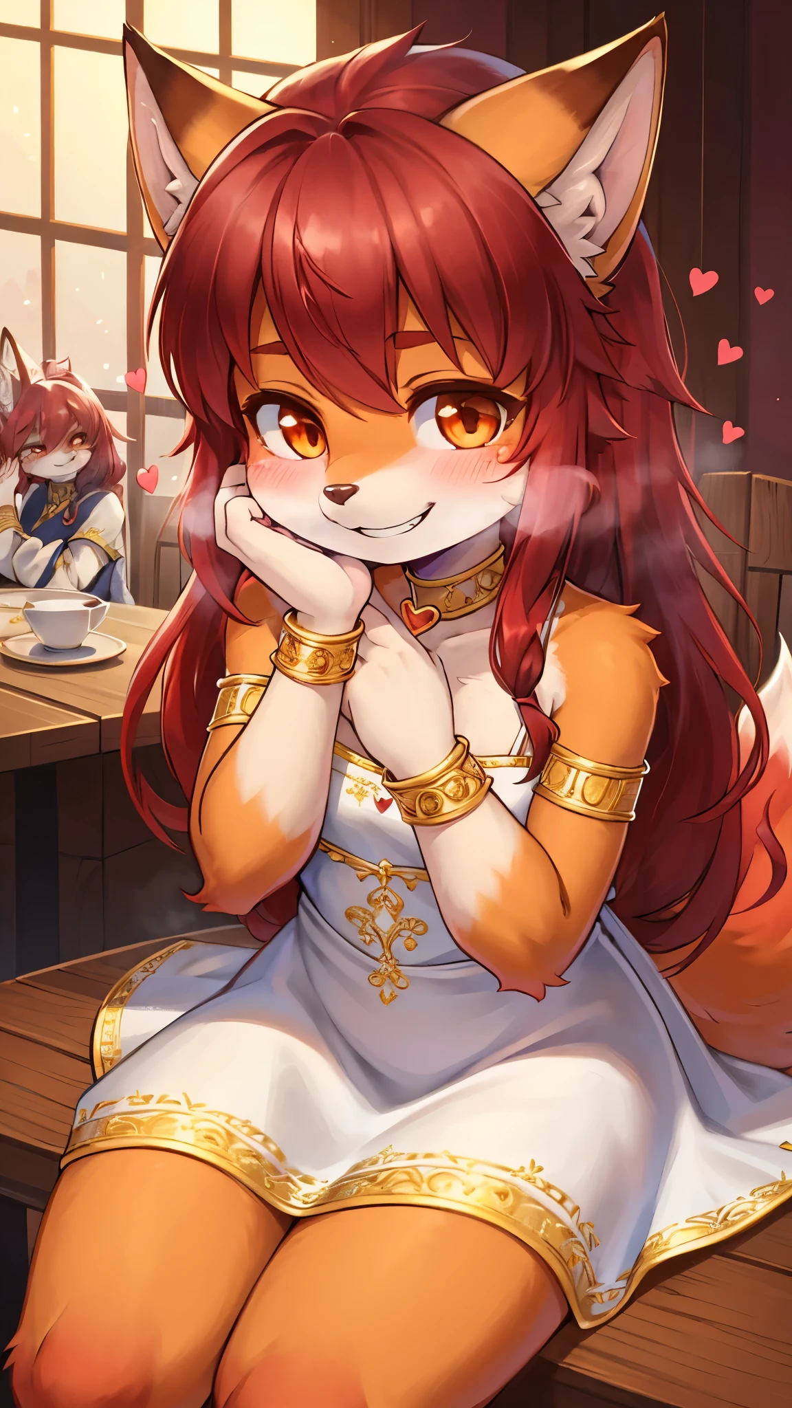 best quality,best resolution,(fluffy anthro furry :1.6),(young :1.8),fox girl,flat chest,(red hair :1.6),long hair,wavy hair,orange eyes,glistering eyes,sparkle eyes,ultra detailed eyes,(orange fur),(white dress with gold embroidery),heart choker,floral hair ornaments,gold bracelets,gorgeous restaurant,chanderia,sparkle stars surrounded,romantic light,full face blush,looking at viewer,heart expression eyes,heart eyes,heavy breath,horny face,smile,very close eyes,sitting,hands on face,grin,lean forward