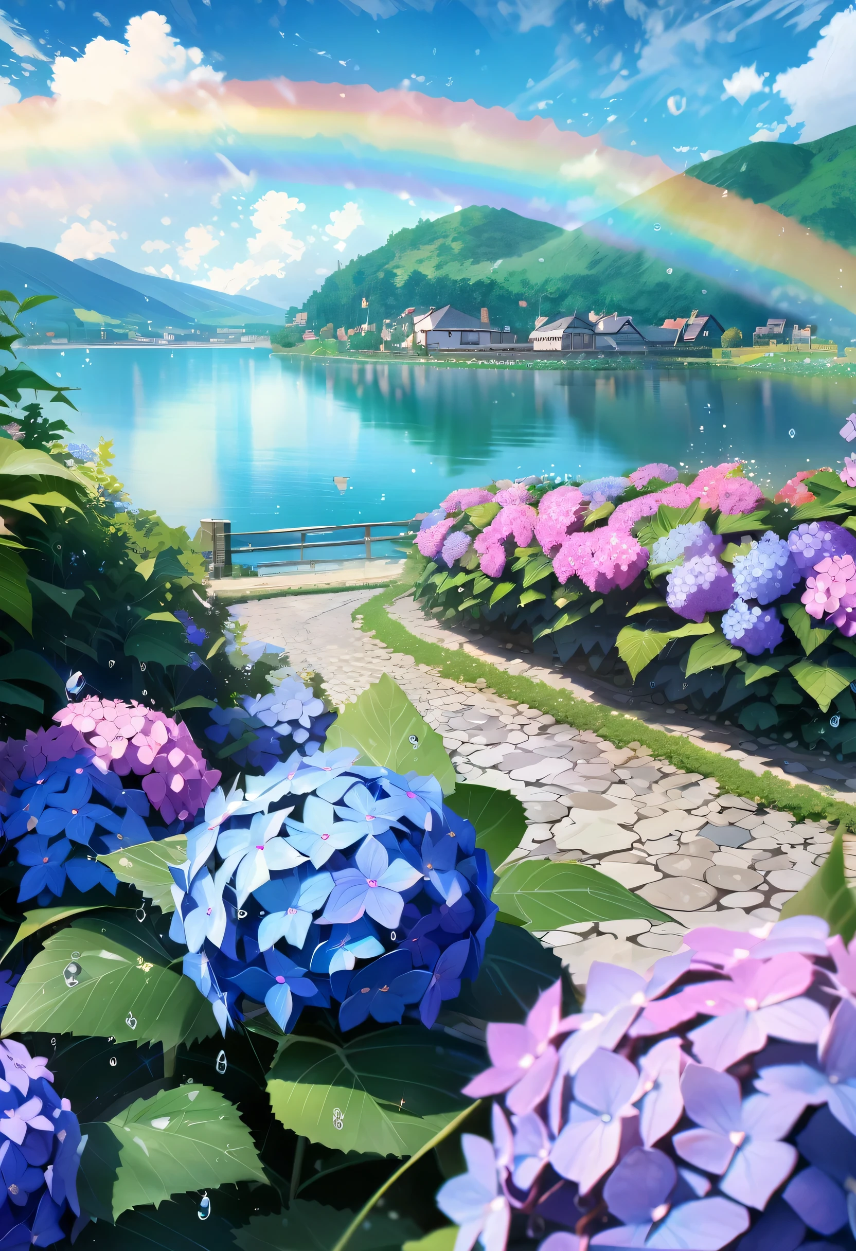 Hydrangea, garden, lake, Small hill, Pebble Road,anime, masterpiece, highest quality, Anatomically correct, Attention to detail, 8k, wallpaper,Water droplets sparkle,after the rain,Rainbow in the sky