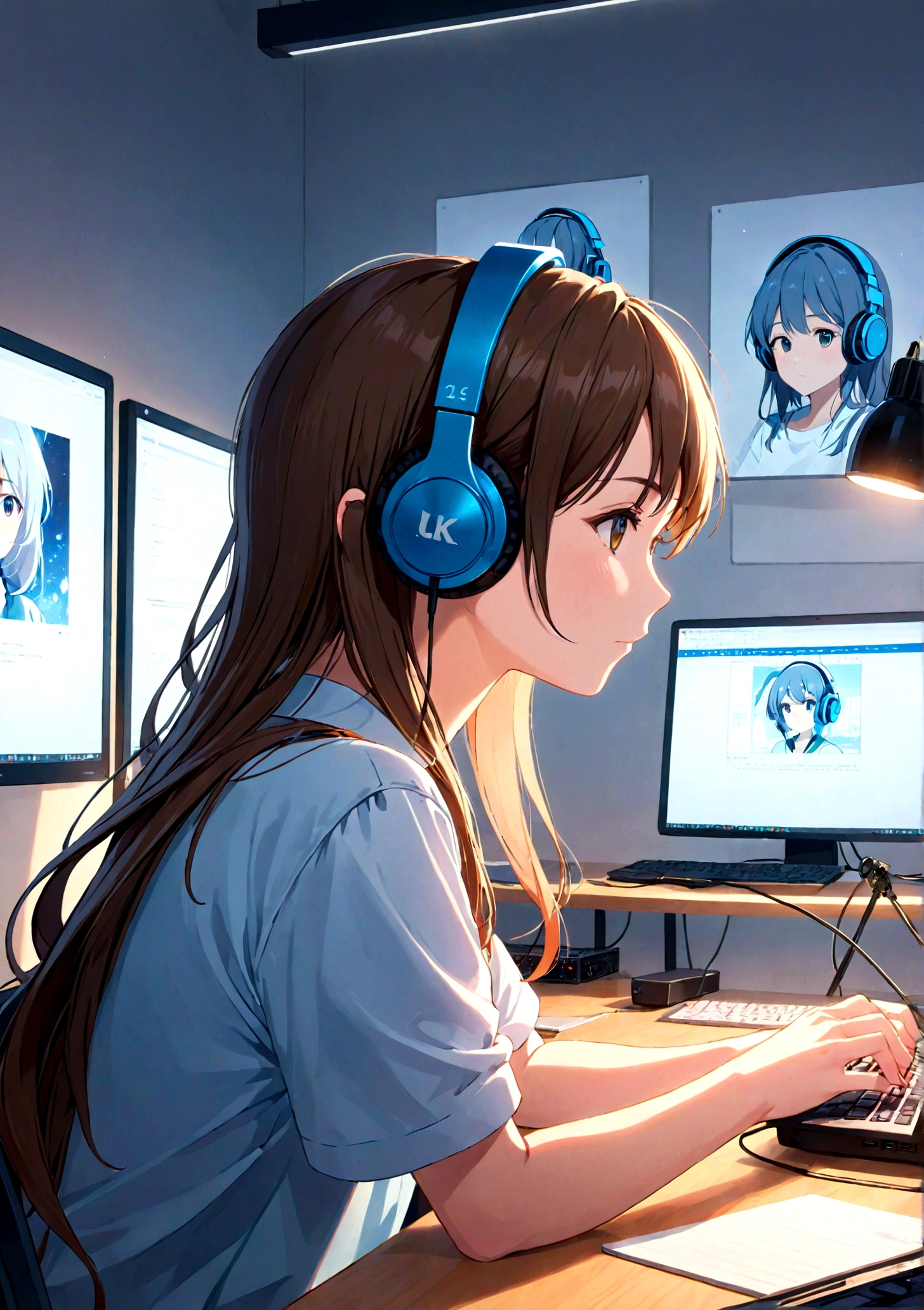 (8K,highest quality, Ultra-high resolution:1.5, masterpiece:1.3),anime girl sitting at a desk With headphones on and looking at a laptop, Lo-fi Girl, Portrait of Rofi, Digital anime illustration, Makoto Shinkai style, Anime atmosphere, Lo-fi art style, Makoto Shinkai&#39;s art style, Digital anime art, With headphones, I like anime, Anime Girl Profile, High quality anime art style, Cute girl anime visuals