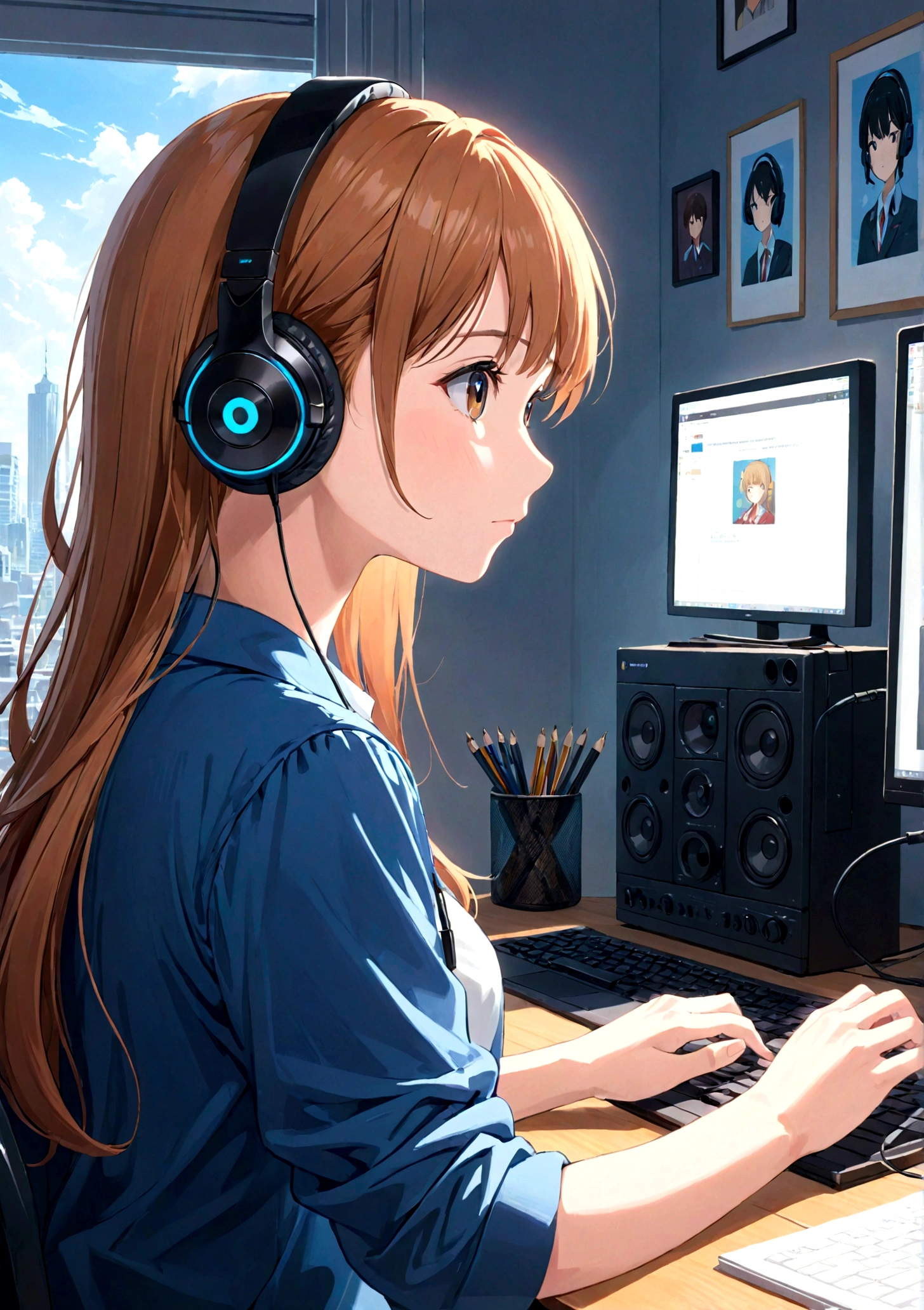 (8K,highest quality, Ultra-high resolution:1.5, masterpiece:1.3),anime girl sitting at a desk With headphones on and looking at a laptop, Lo-fi Girl, Portrait of Rofi, Digital anime illustration, Makoto Shinkai style, Anime atmosphere, Lo-fi art style, Makoto Shinkai&#39;s art style, Digital anime art, With headphones, I like anime, Anime Girl Profile, High quality anime art style, Cute girl anime visuals