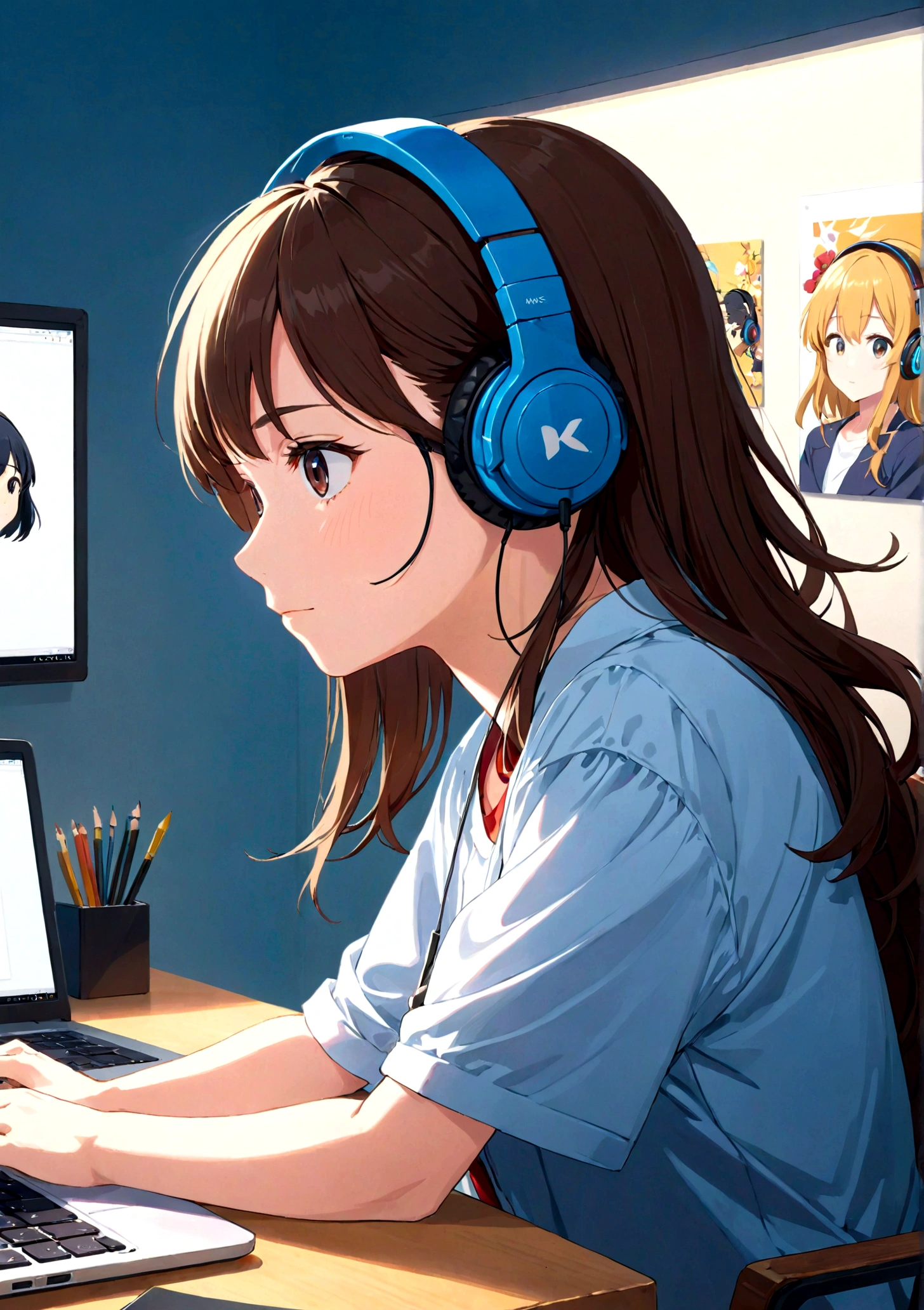 (8K,highest quality, Ultra-high resolution:1.5, masterpiece:1.3),anime girl sitting at a desk With headphones on and looking at a laptop, Lo-fi Girl, Portrait of Rofi, Digital anime illustration, Makoto Shinkai style, Anime atmosphere, Lo-fi art style, Makoto Shinkai's art style, Digital anime art, With headphones, I like anime, Anime Girl Profile, High quality anime art style, Cute girl anime visuals