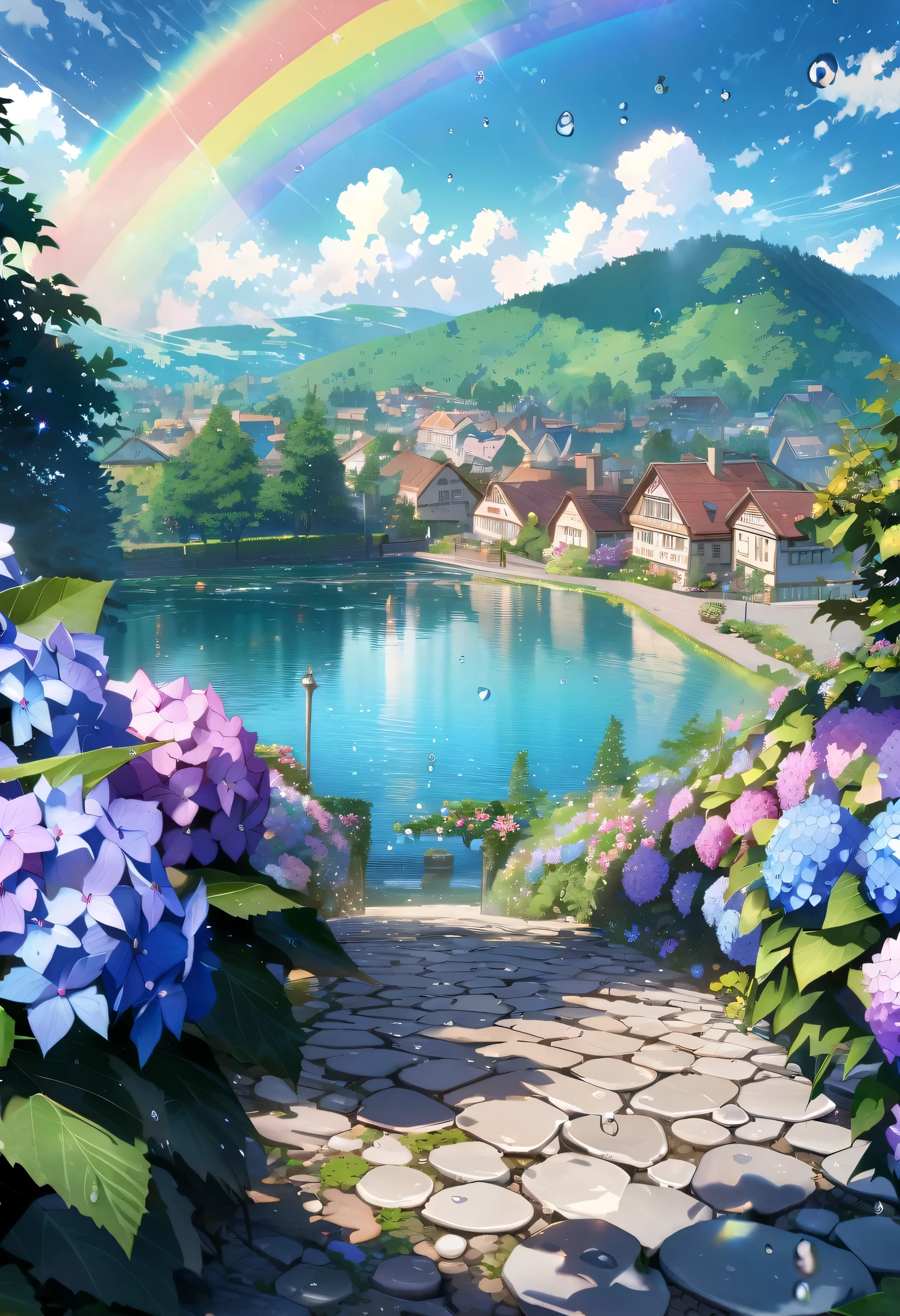 Hydrangea, garden, lake, Small hill, Pebble Road,anime, masterpiece, highest quality, Anatomically correct, Attention to detail, 8k, wallpaper,Water droplets sparkle,after the rain,Rainbow in the sky