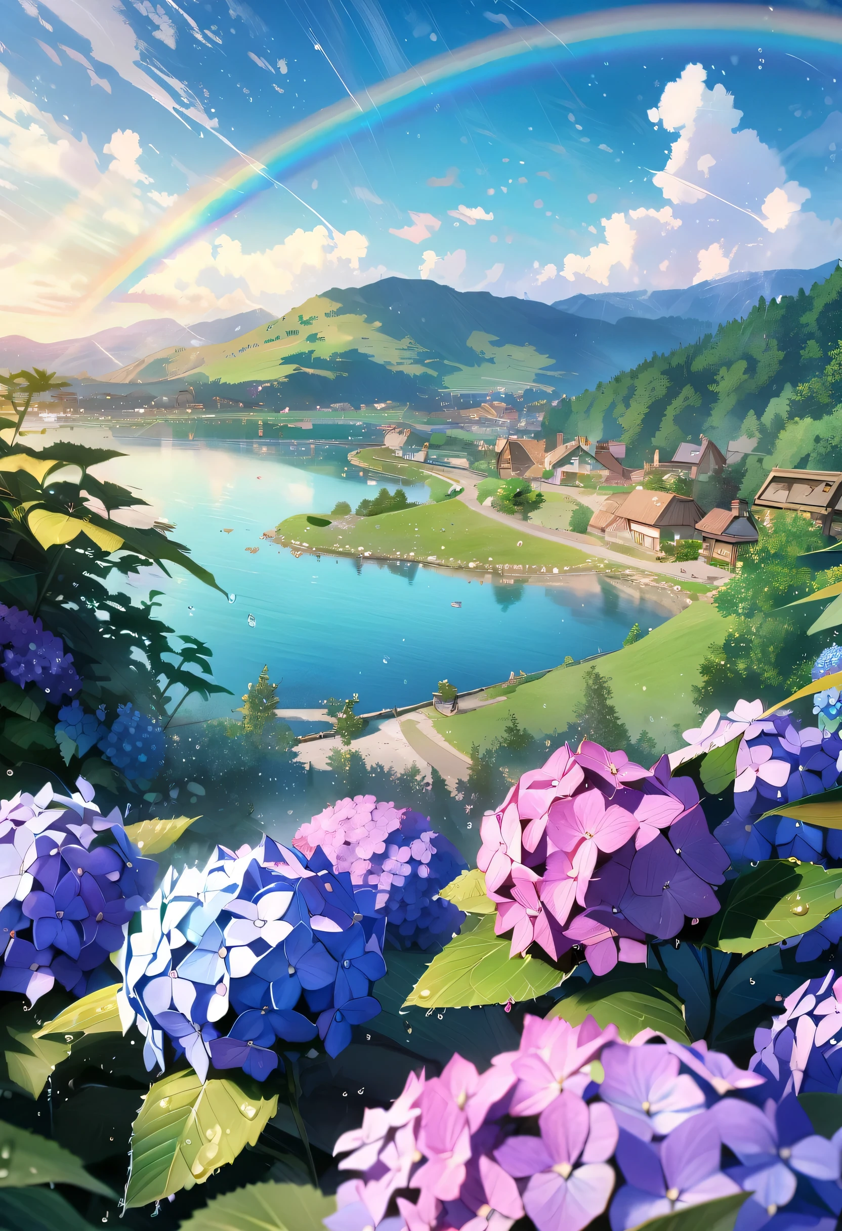 Hydrangea, garden, lake, Small hill, Pebble Road,anime, masterpiece, highest quality, Anatomically correct, Attention to detail, 8k, wallpaper,Water droplets sparkle,after the rain,Rainbow in the sky
