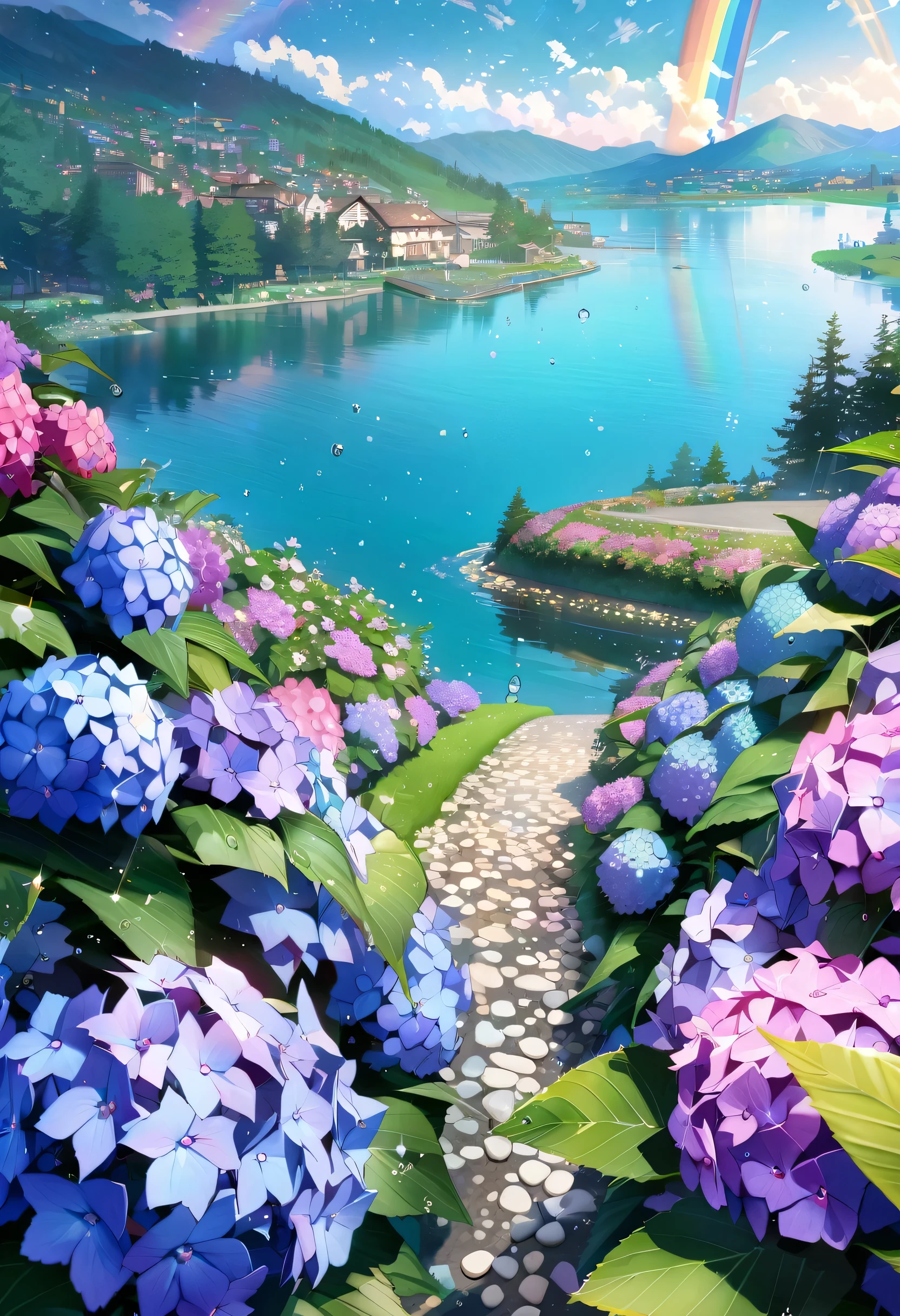 Hydrangea, garden, lake, Small hill, Pebble Road,anime, masterpiece, highest quality, Anatomically correct, Attention to detail, 8k, wallpaper,Water droplets sparkle,after the rain,Rainbow in the sky