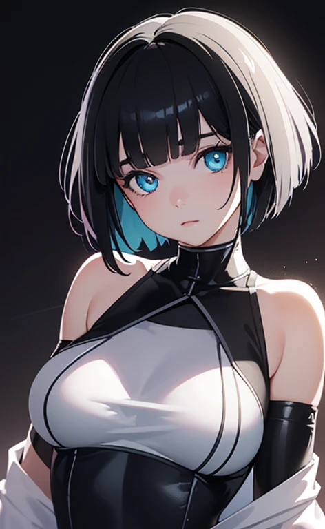1girl,solo,super detailed skin,shiny skin,expressionless face,,, black hair, highlights hair, Blue streaked hair,bob hair,,hime cut,eyelashes,lips gloss ,fangs,,large soft breasts,fullbodysuit,fishnet arms,cleavage cutout,ninja clothes ,cleavage cutout,dark mist magic,simple background,masterpiece,best quality,ultra detailed,high resolution,sharp focus