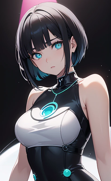 (Photorealistic:1.4)、(,20-year-old:1.5),(masterpiece、Blue lens flare:1.5、spot light:1.2、Exquisite beautiful eye:1.5,portlate),(kind eyes、tareme:1.9),()、Cute Face、 3D Face、(black hair:1.5)、(short hair:1.5),(sidelock :1.5),(blunt bangs:1.3),(1 woman)、(aqua eyes:1.2)、(upper body:1.5)、(clear face:1.5)、(gradient eyes:1.2),(head tilt) ,(Cute face:1.2),(medium breasts),(),kind face,(pink Bodysuit with open chest1.5),(black background:1.5)、()、()、 Neat and clean、Adorable、Demure,Slim Body(),Shiny Hair、()、