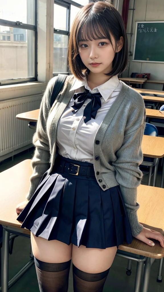 masterpiece, best quality, illustration, Super detailed, fine details, High resolution, 8K,wall paper, perfect dynamic composition,(Details High quality, realistic depiction of eyes:1.3), High School Classroom、High school girl uniform、Cardigan、Super Short Check Uniform Skirt、Navy blue high socks、garterbelts、Colossal tits、Disturbed uniform、short bob hair, black hair color, Big Natural Color Lip, bold sexy pose, (perfect body shape), crying a little、cold gaze, Harajuku style、20 year old girl、cute type, beautiful legs, hposing Gravure Idol, Voluptuous thighs