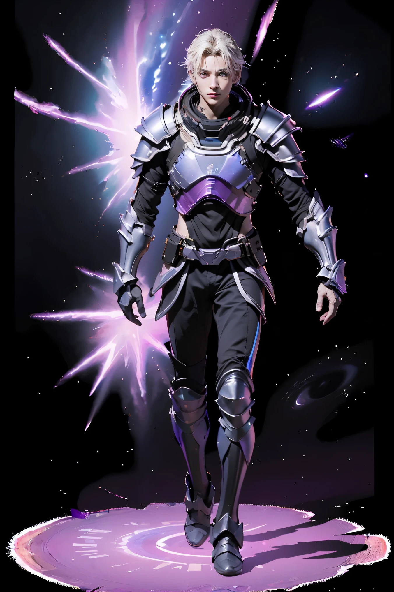 ((full body)), ((A boy and a yinji girl)), ((Long shot)), ((Armor)), ((Walk hand in hand)), Two-man match, 4k ultra hd, masterpiece, good face, detailed eyes, detailed lips, neon lights, (galaxy background:1.5), in the heaven, Dissolving is correct