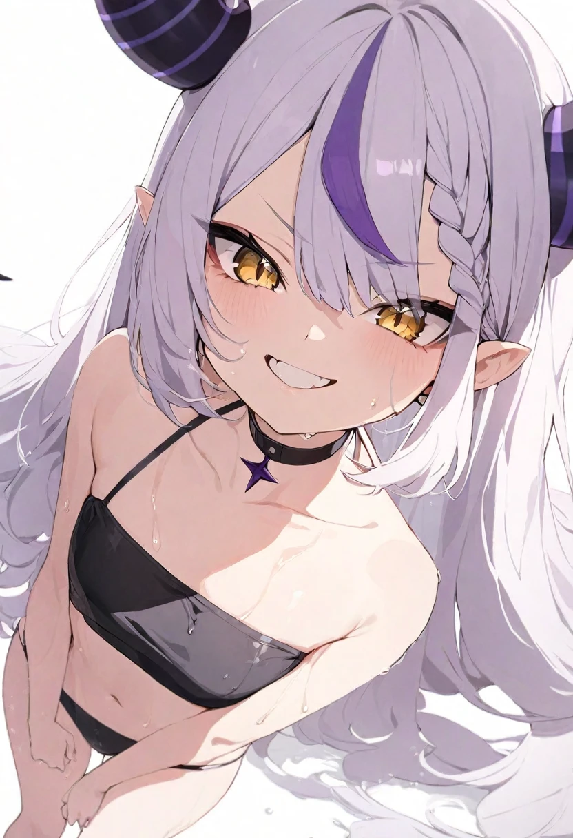 (masterpiece), (best quality), perfect face, beautiful girl, white background background, delicate and beautiful face and eyes, dark intense shadow,
1 girl, vtuber style, cool girl, hololive, La+ Darknesss, bikini, wet body, small chest, cropped shoulders, clavicle, wink, smile, bare feet, chest visible through clothes, (full body), looking at viewer, standing,