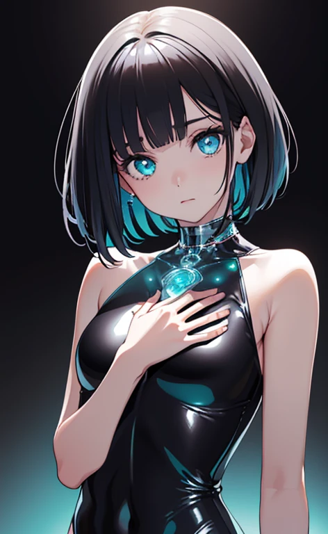 (Photorealistic:1.4)、(,20-year-old:1.5),(masterpiece、Blue lens flare:1.5、spot light:1.2、Exquisite beautiful eye:1.5,portlate),(kind eyes、tareme:1.9),()、Cute Face、 3D Face、(black hair:1.5)、(short hair:1.5),(sidelock :1.5),(blunt bangs:1.3),(1 woman)、(aqua eyes:1.2)、(upper body:1.5)、(clear face:1.5)、(gradient eyes:1.2),(head tilt) ,(Cute face:1.2),(flat chest),(),kind face,(pink Bodysuit with open chest1.5),(black background:1.5)、()、()、 Neat and clean、Adorable、Demure,Slim Body(),Shiny Hair、()、