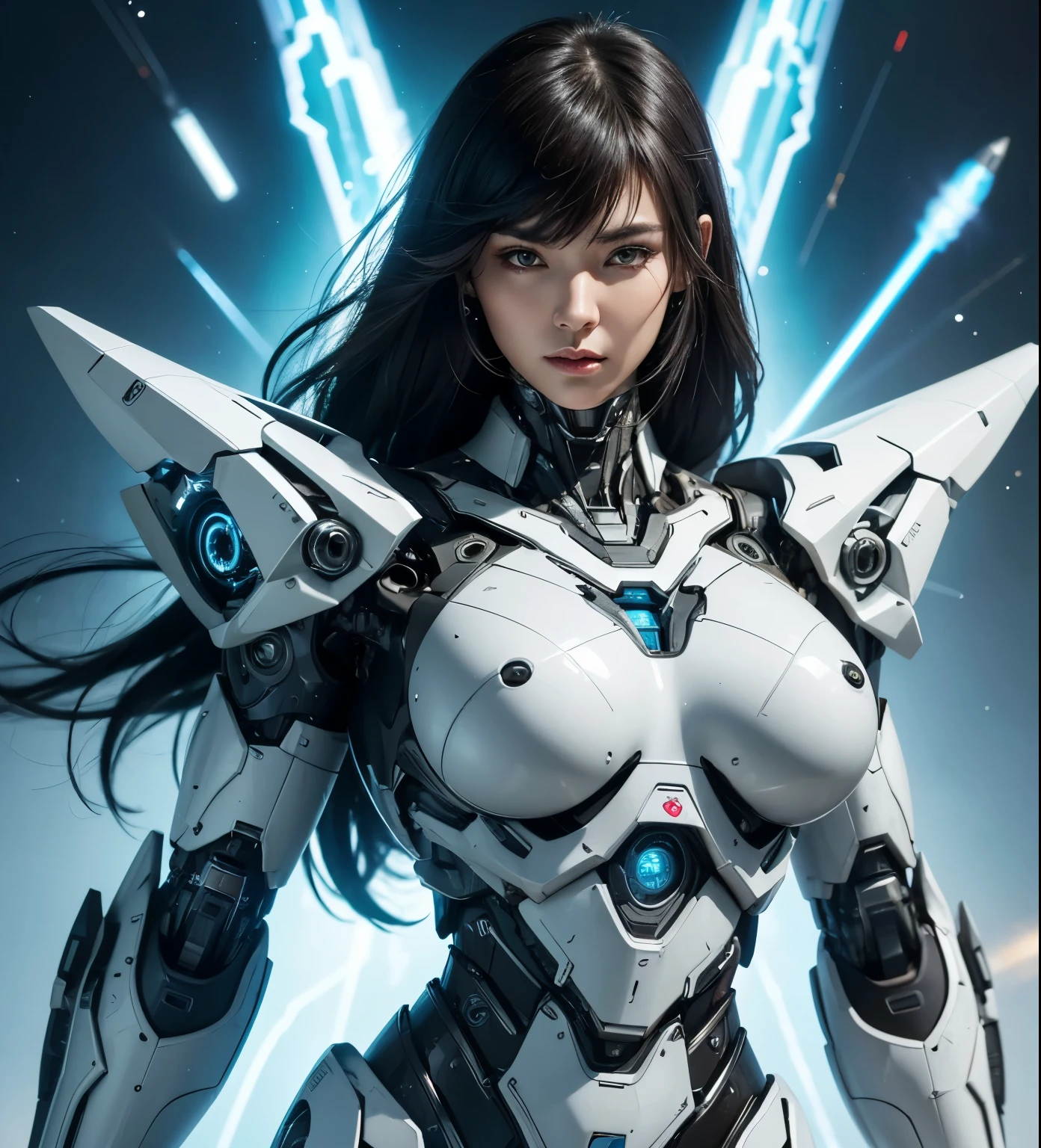 Textured skin, Super Detail, high details, High quality, Best Quality, hight resolution, 1080p, hard disk, Beautiful,(cyborgs),((Missile-shaped boobs)),(Machine gun on the back),beautiful cyborg woman,Mecha Cyborg Girl,Battle Mode,Girl with a Mecha Body,She wears a battle cyborg mech with a weapon,Fulll body Shot“A powerful cyborg woman, sleek and futuristic, with advanced mechanical augmentations that enhance her strength and capabilities, but without any overtly aggressive or violent elements.”